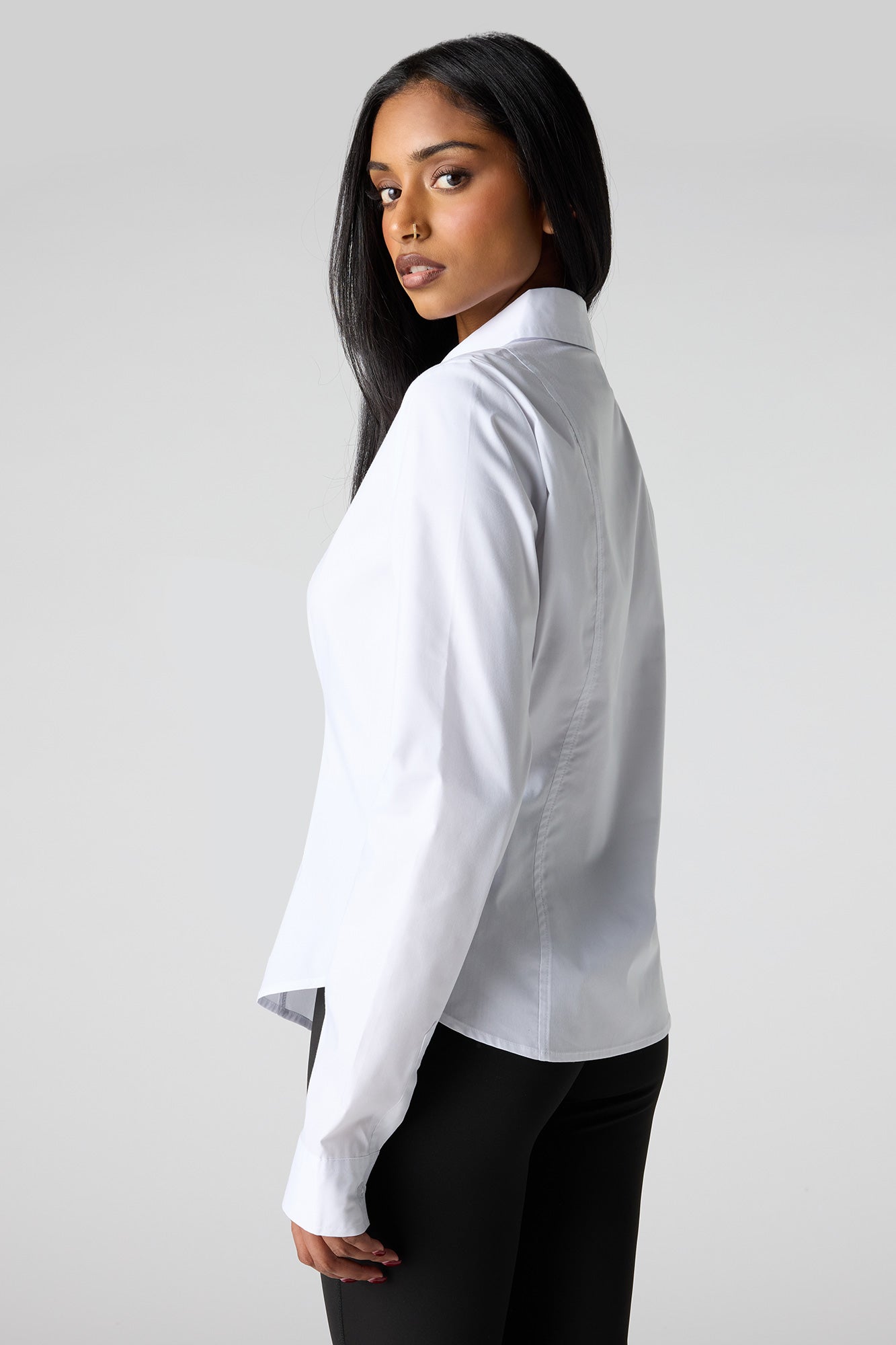 Poplin Button-Up Collared Long Sleeve Top