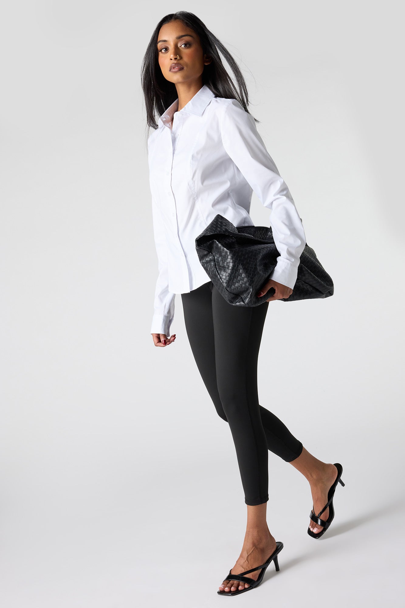 Poplin Button-Up Collared Long Sleeve Top
