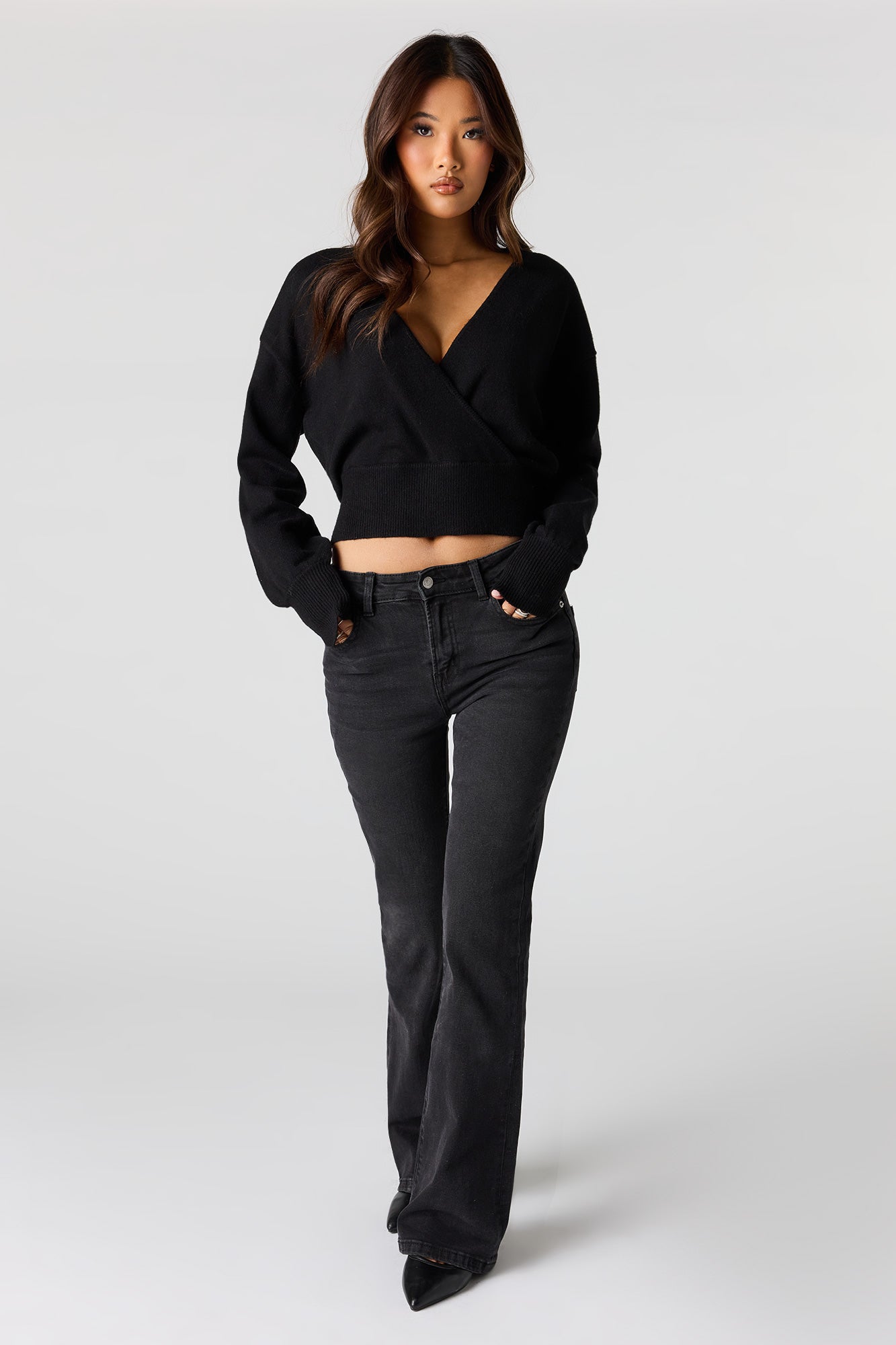 V-Neck Wrap Knit Long Sleeve Top