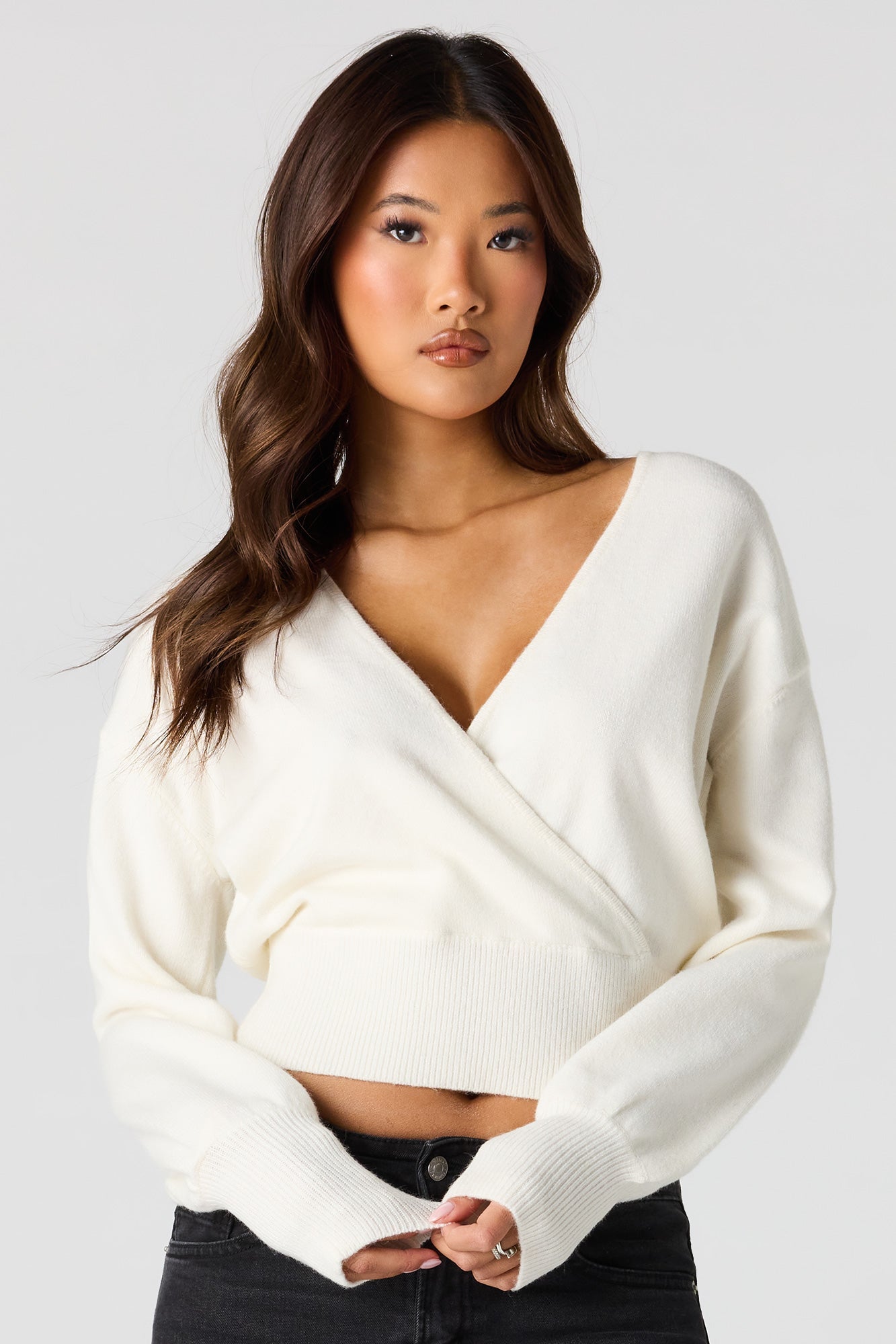 V-Neck Wrap Knit Long Sleeve Top