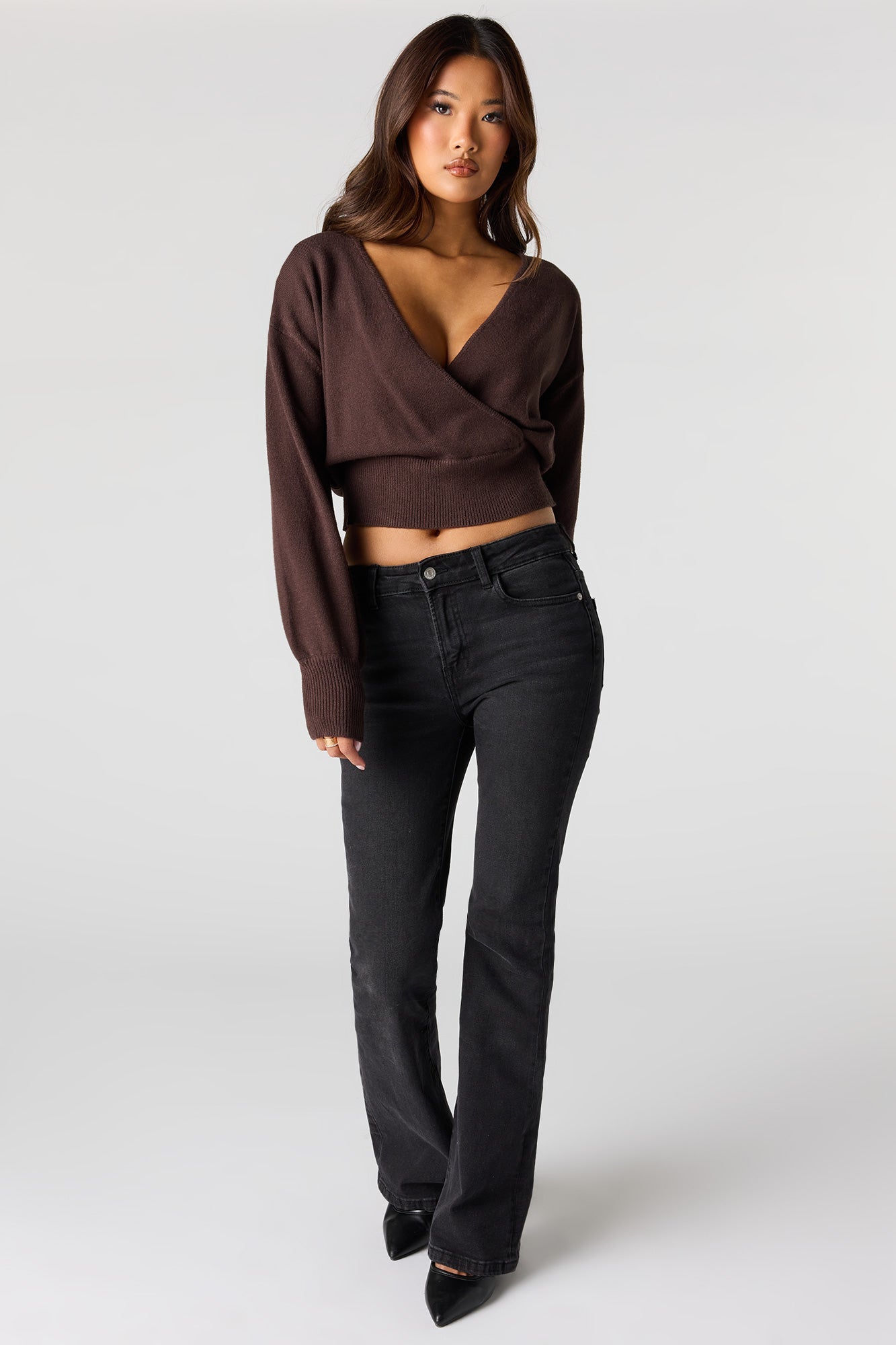 V-Neck Wrap Knit Long Sleeve Top