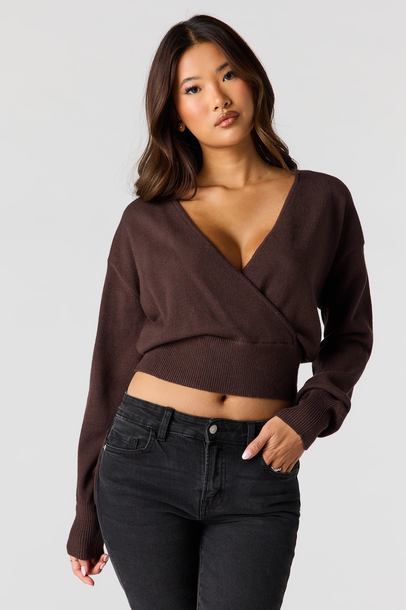 V-Neck Wrap Knit Long Sleeve Top