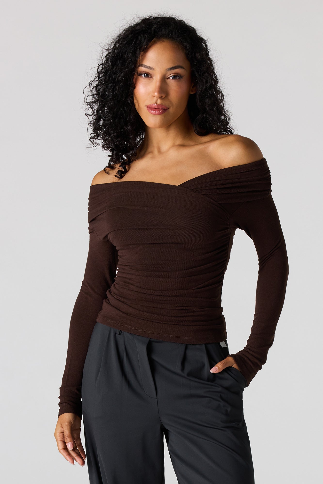 Ruched Surplice Off Shoulder Top