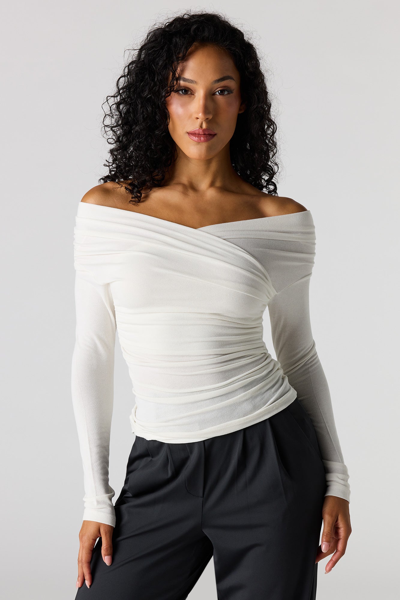 Ruched Surplice Off Shoulder Top