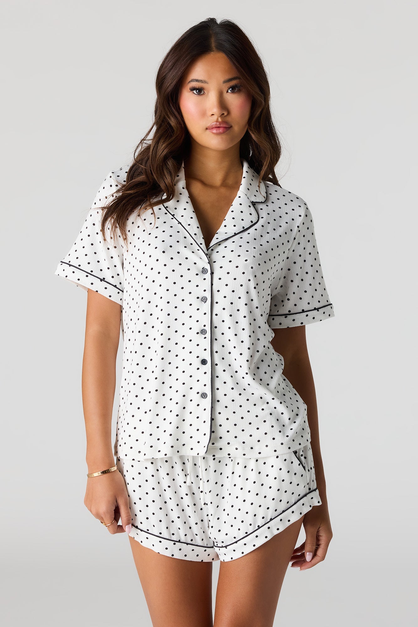 Printed Button-Up Collared Top & Short Pajama Set