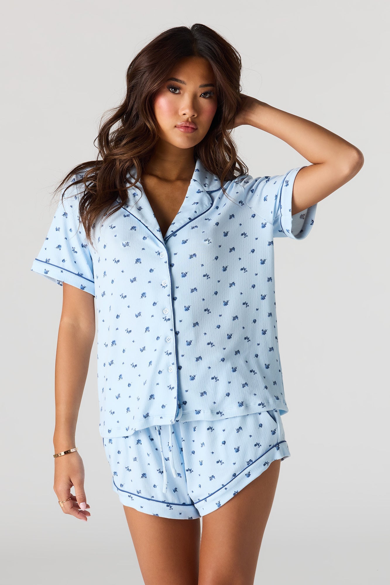 Printed Button-Up Collared Top & Short Pajama Set