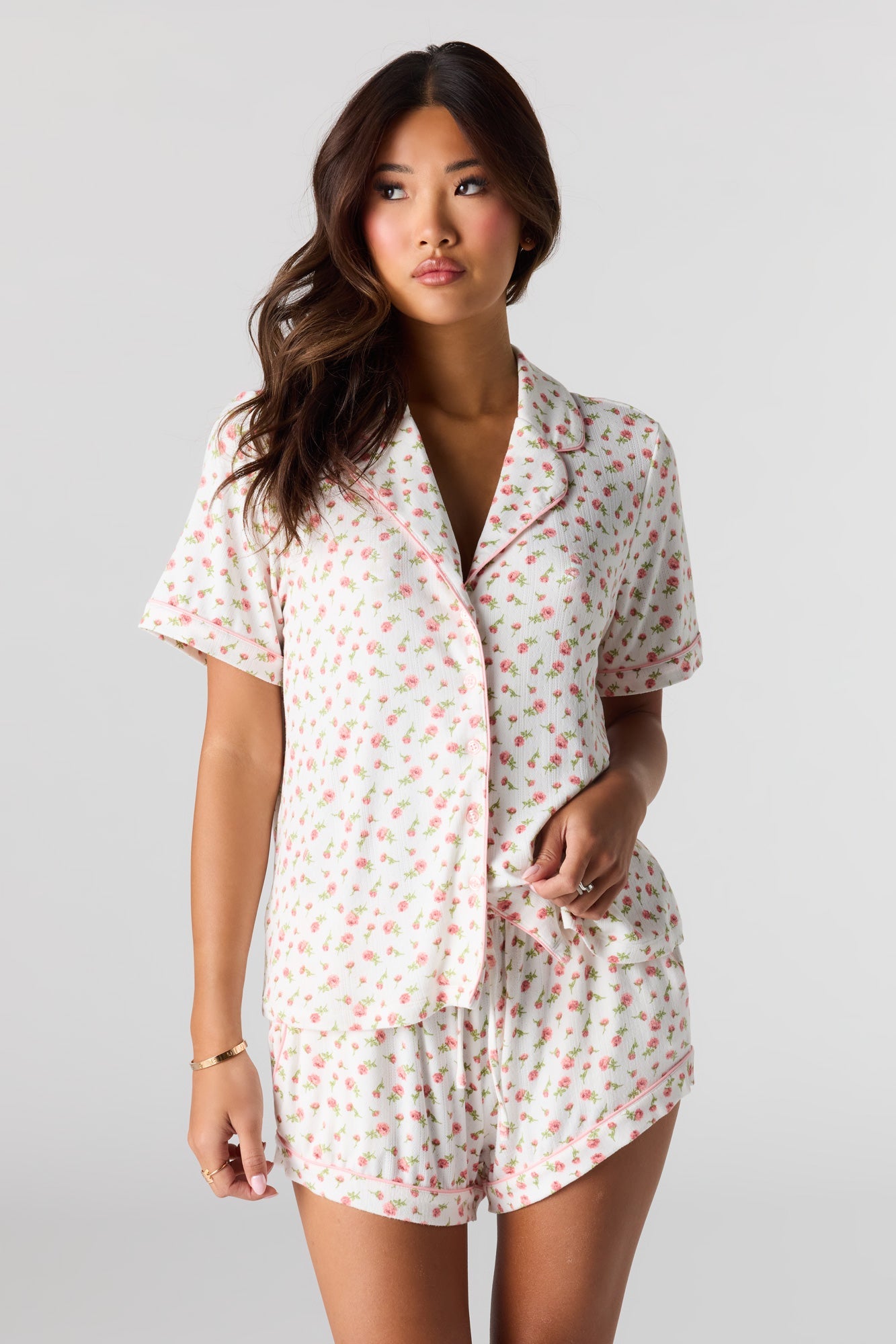 Printed Button-Up Collared Top & Short Pajama Set