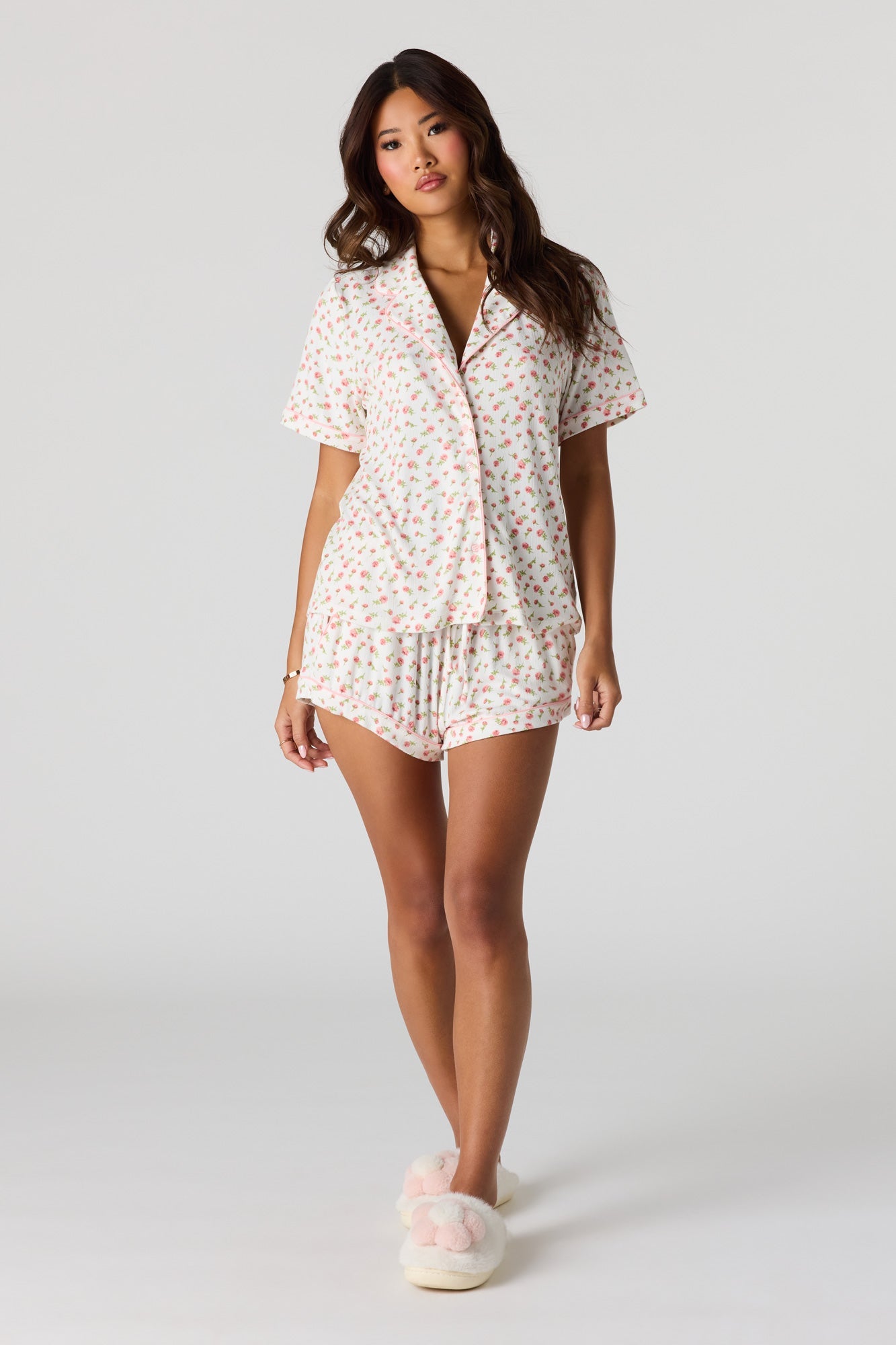 Printed Button-Up Collared Top & Short Pajama Set
