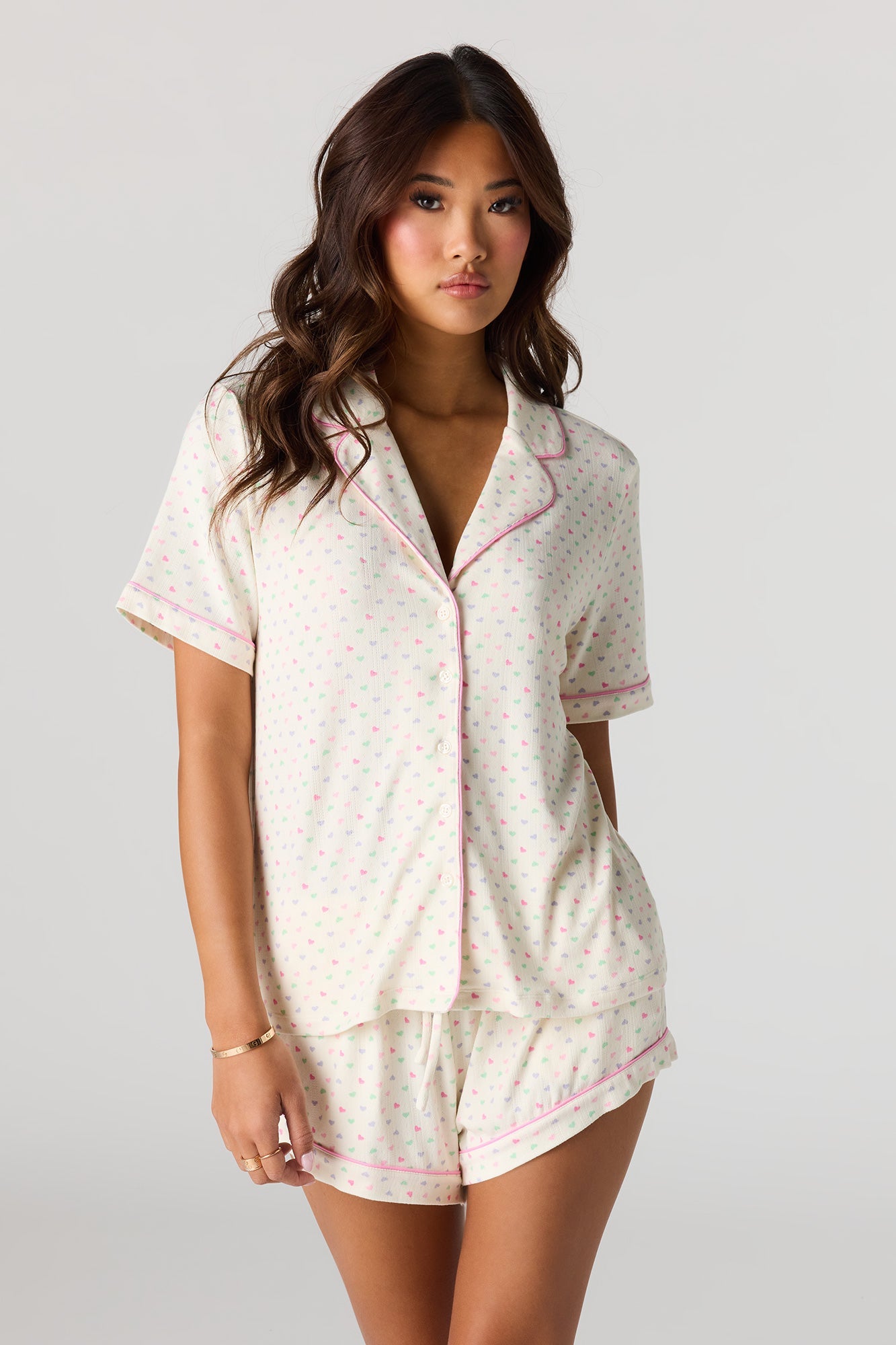 Printed Button-Up Collared Top & Short Pajama Set