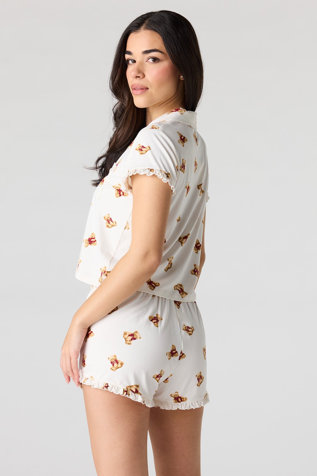Printed Button-Up Collared Top & Short Pajama Set