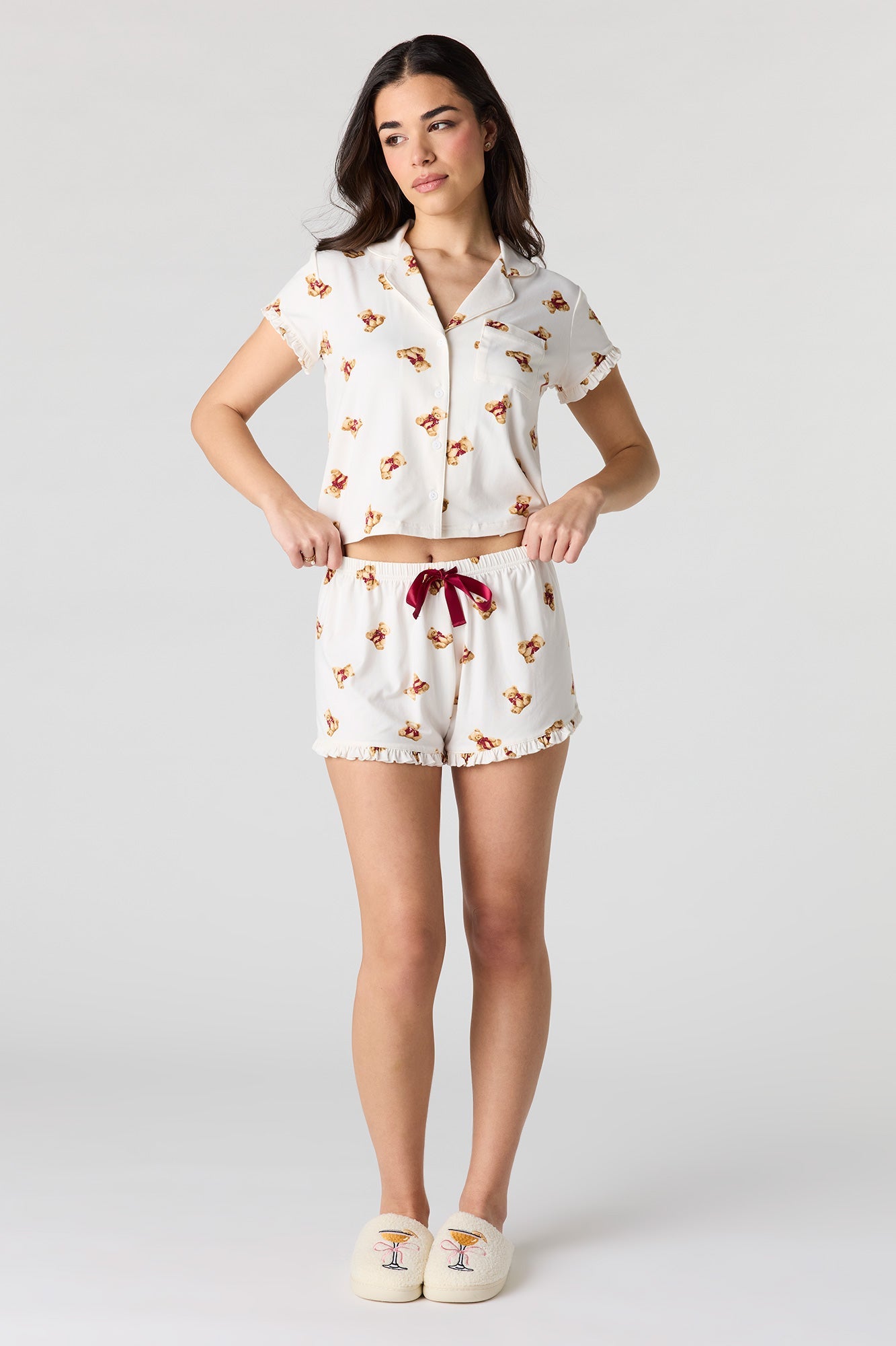 Printed Button-Up Collared Top & Short Pajama Set