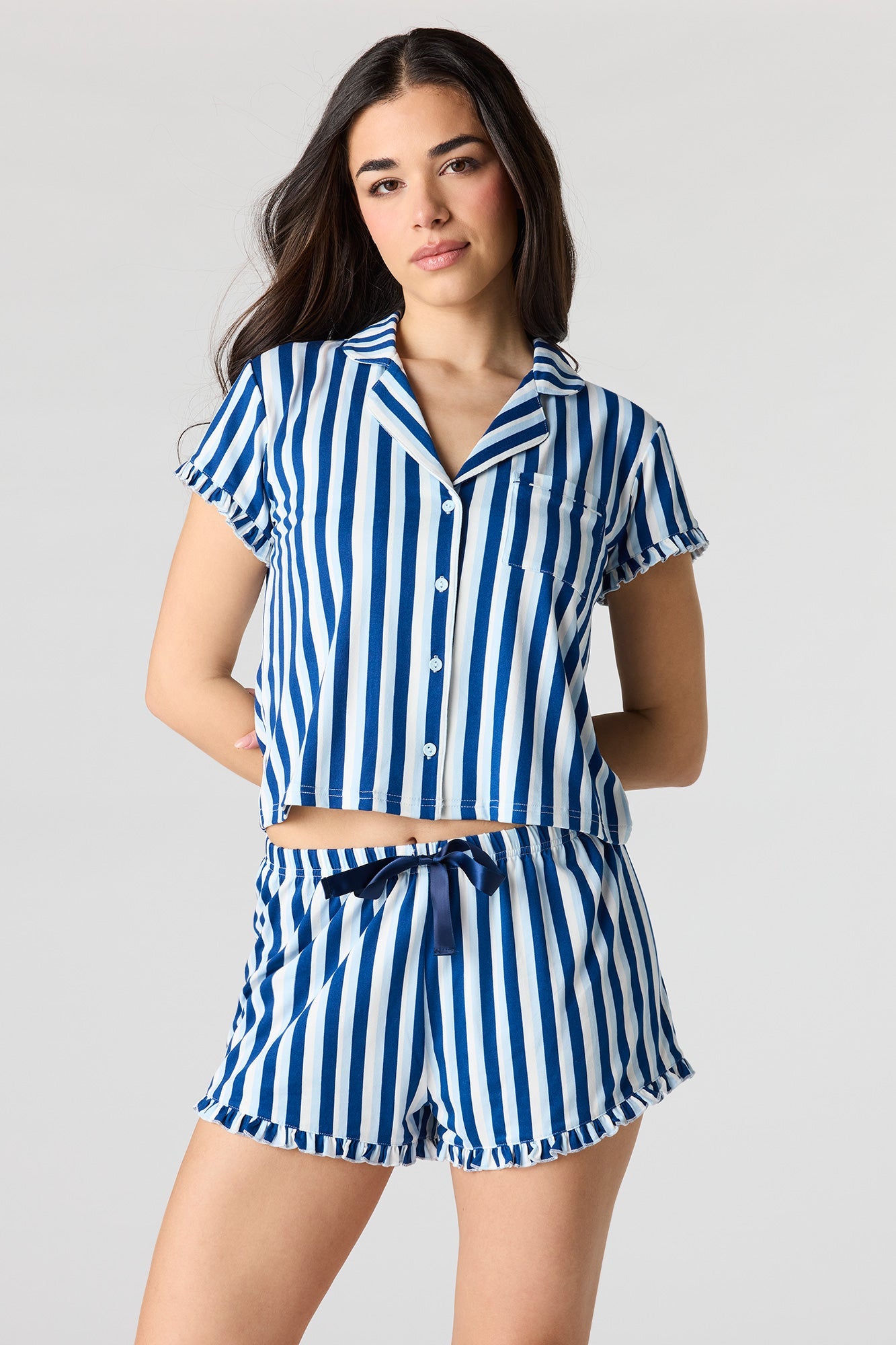 Printed Button-Up Collared Top & Short Pajama Set
