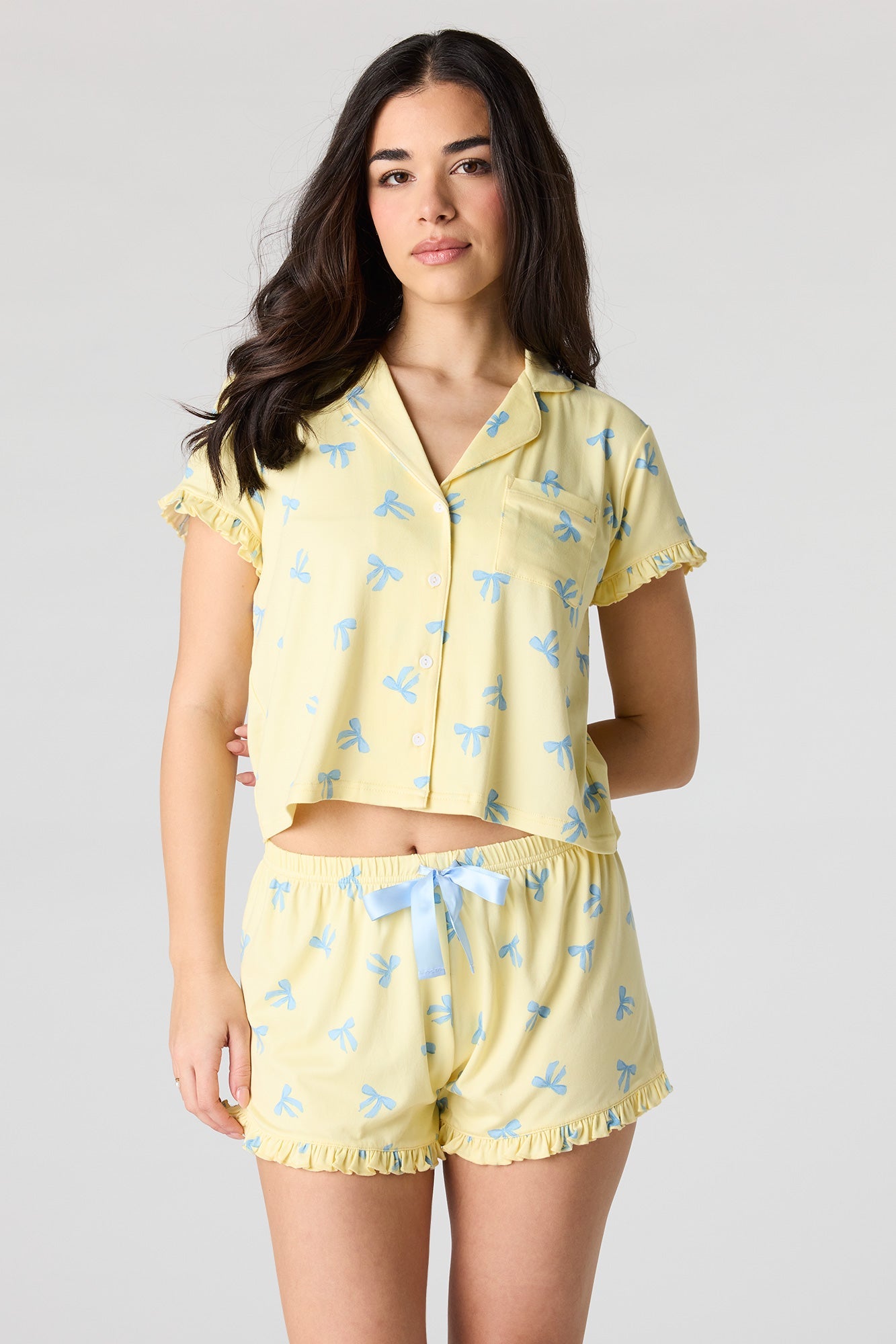 Printed Button-Up Collared Top & Short Pajama Set