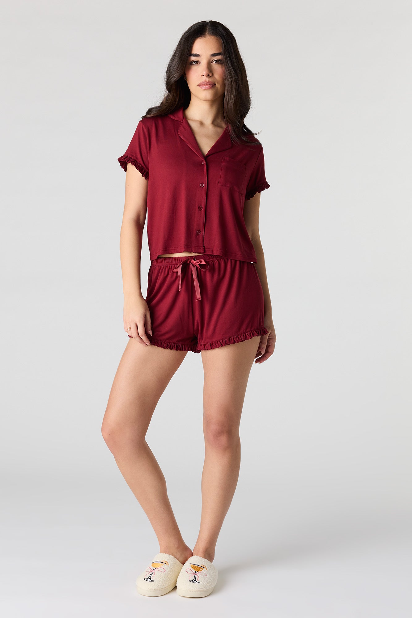 Printed Button-Up Collared Top & Short Pajama Set