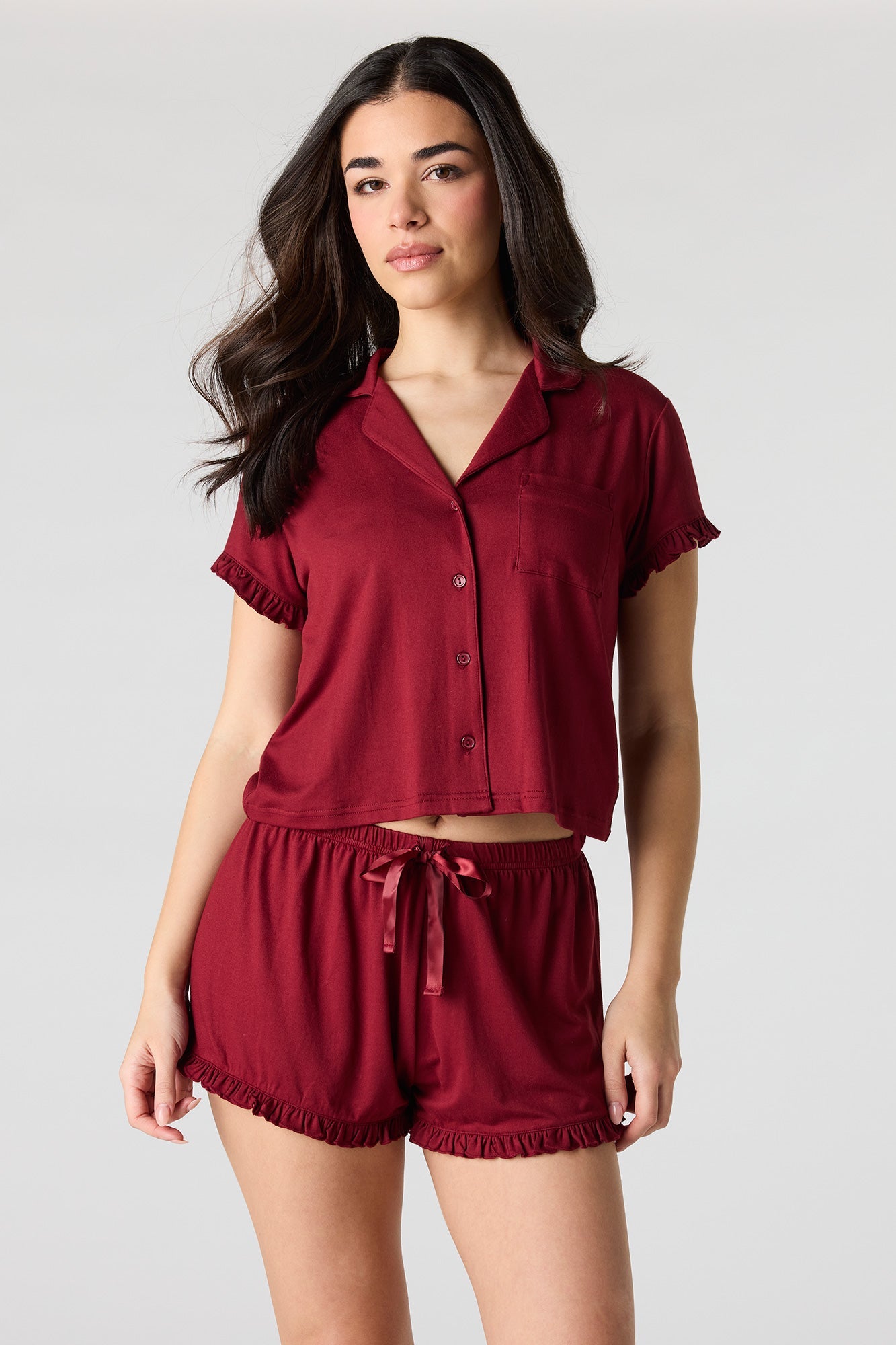 Printed Button-Up Collared Top & Short Pajama Set