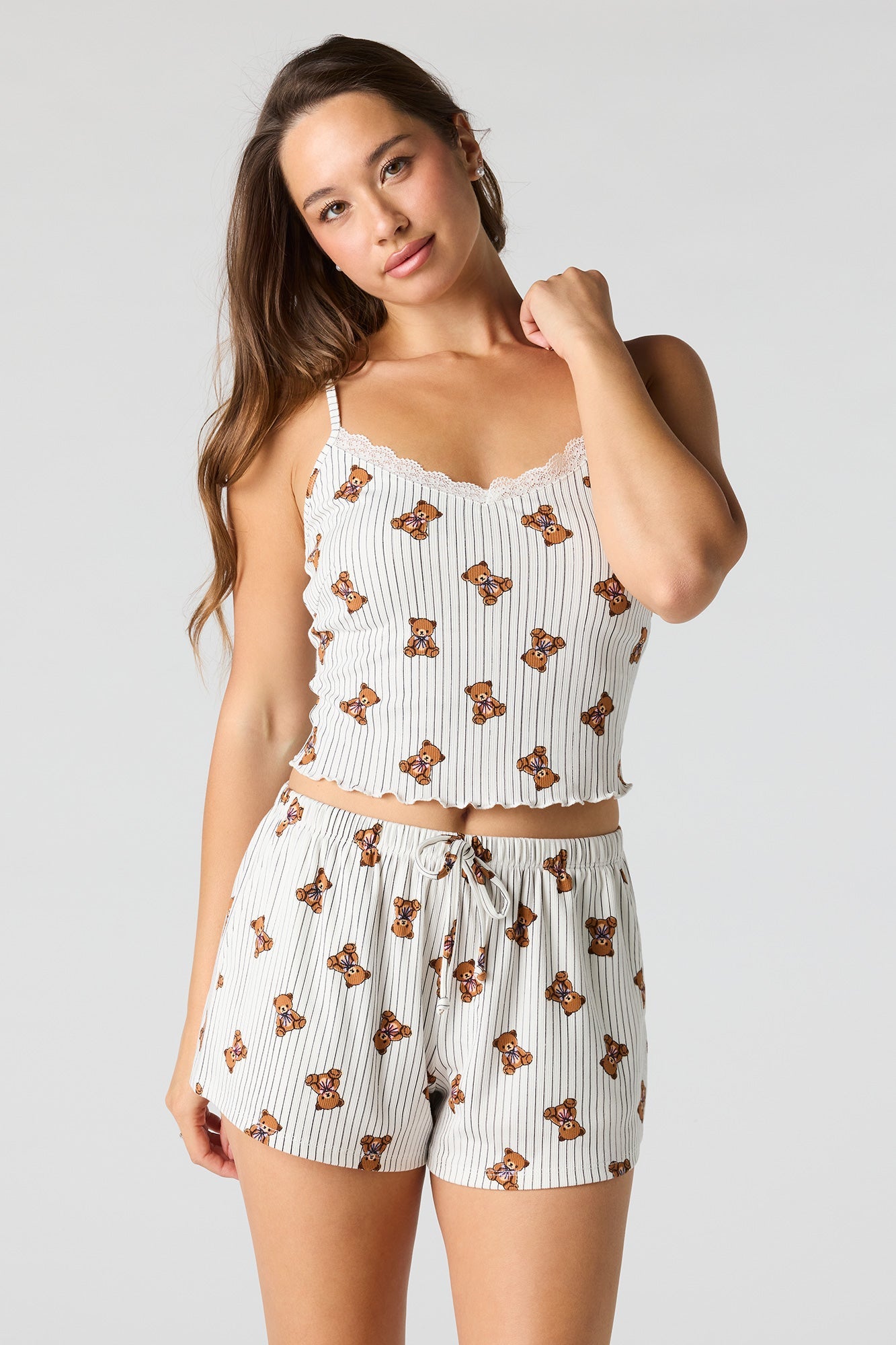 Ribbed Printed Top, Short & Pant 3 Piece Pajama Set