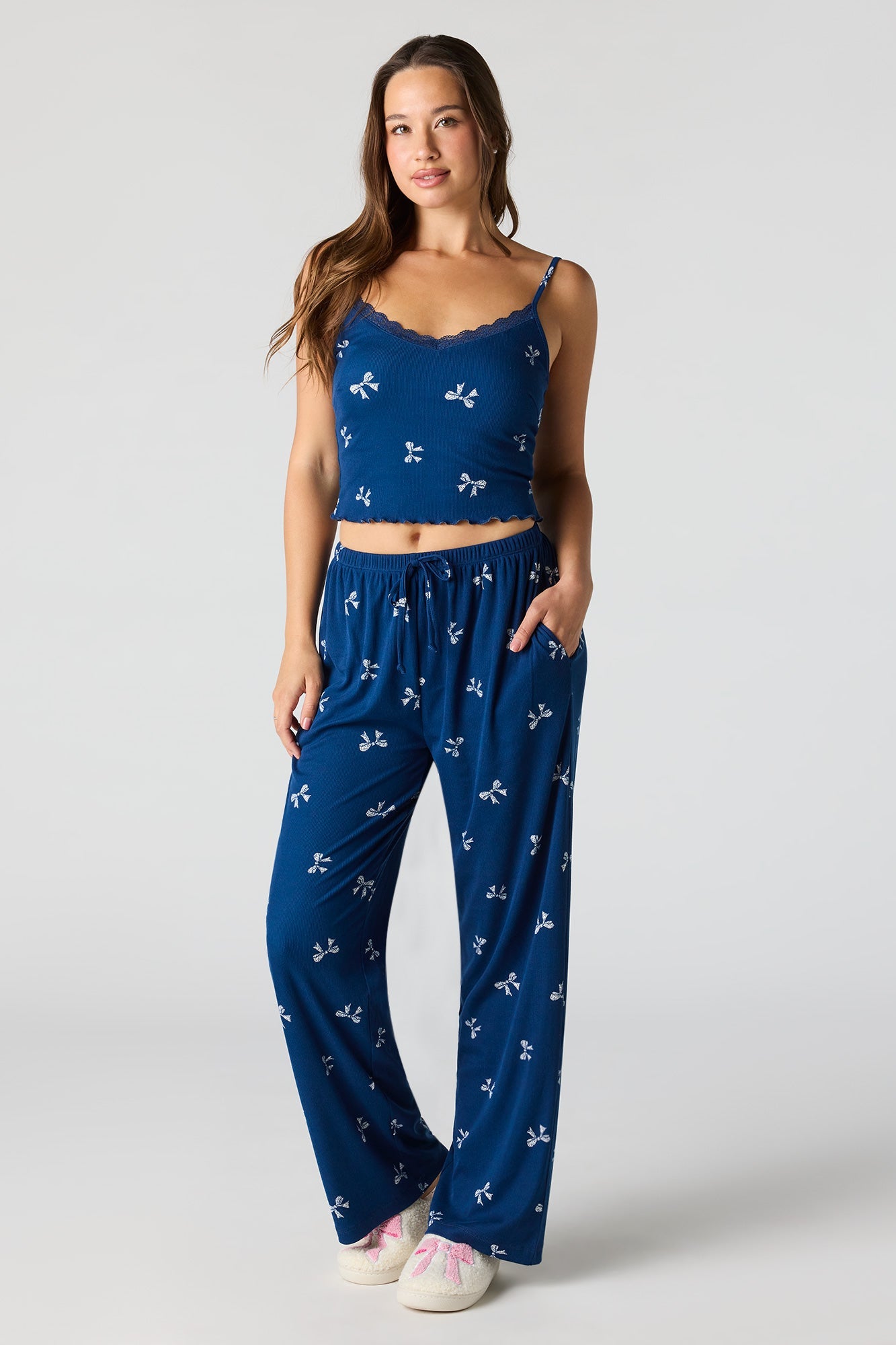 Ribbed Printed Top, Short & Pant 3 Piece Pajama Set
