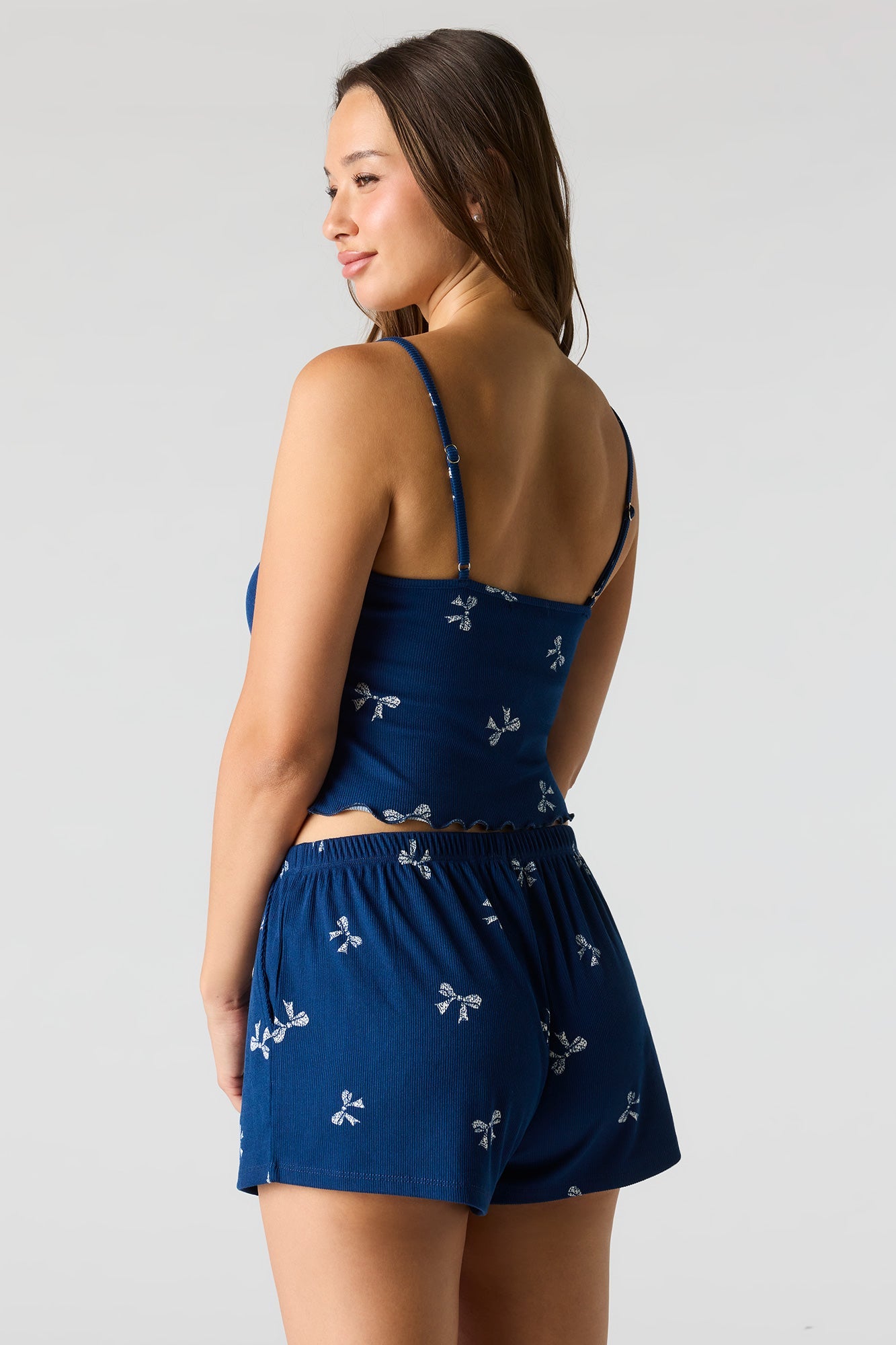 Ribbed Printed Top, Short & Pant 3 Piece Pajama Set
