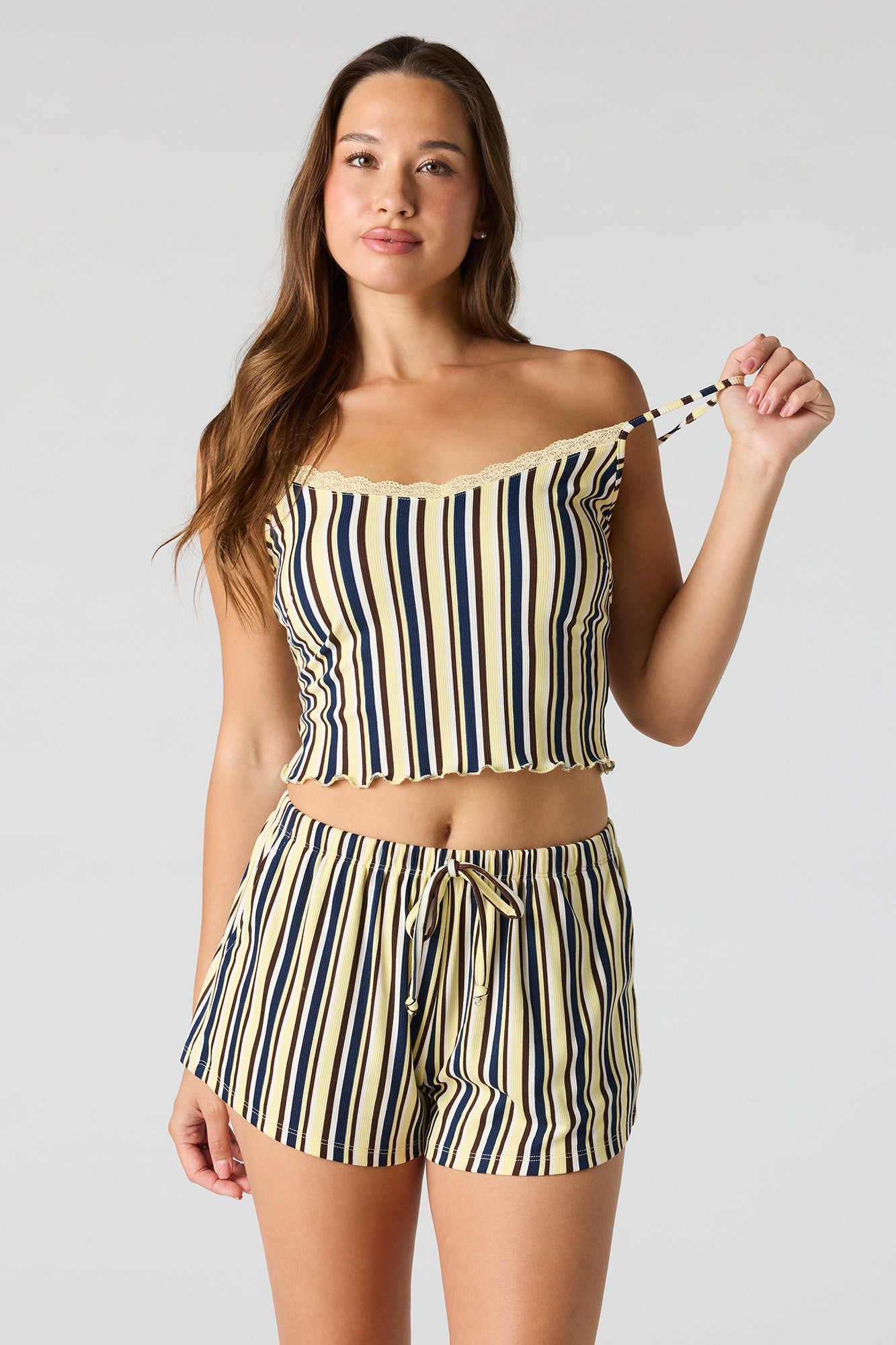 Ribbed Printed Top, Short & Pant 3 Piece Pajama Set