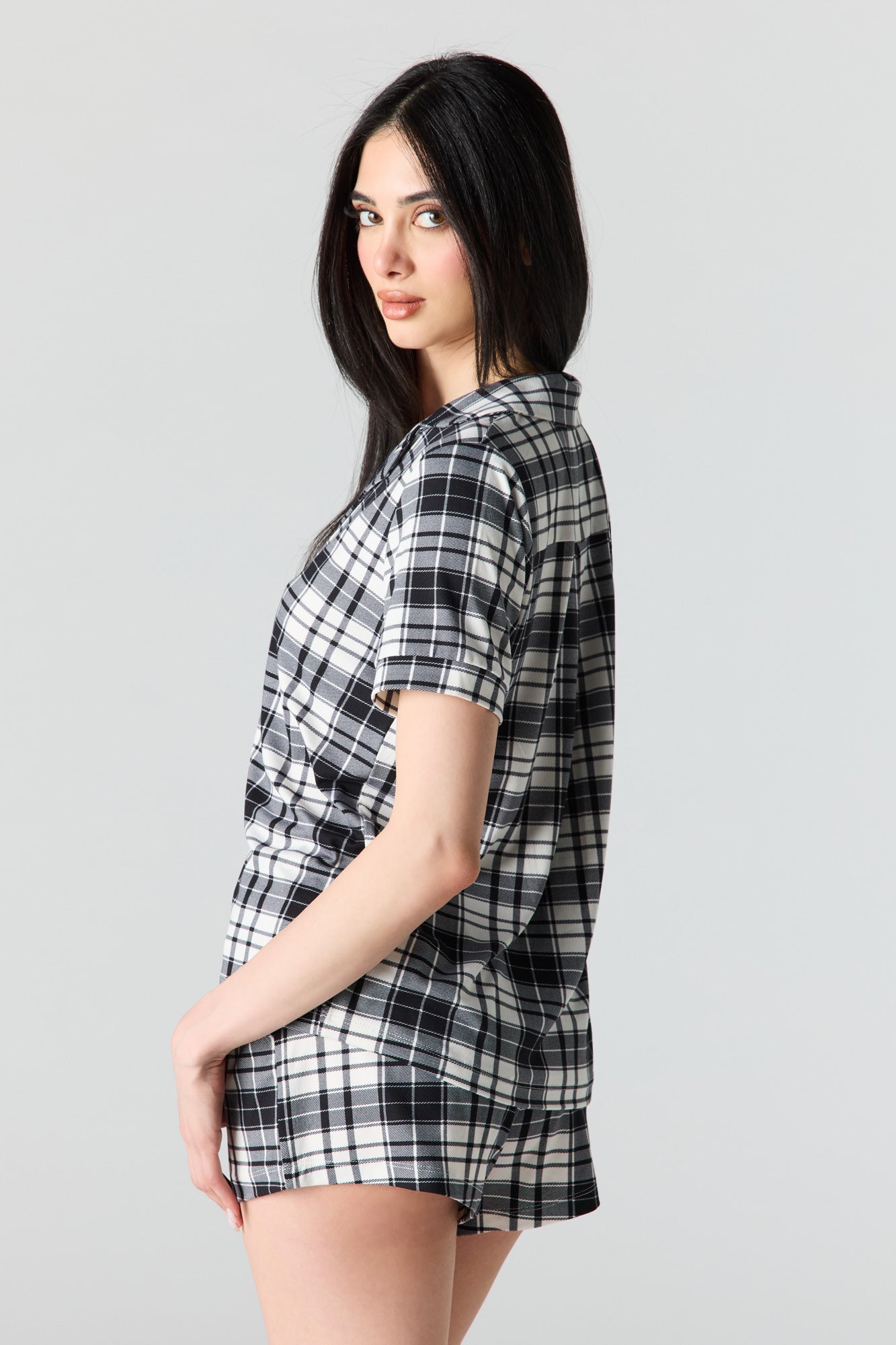 Button-Up Collared Top & Pajama Pant & Short Set (3 Pieces)