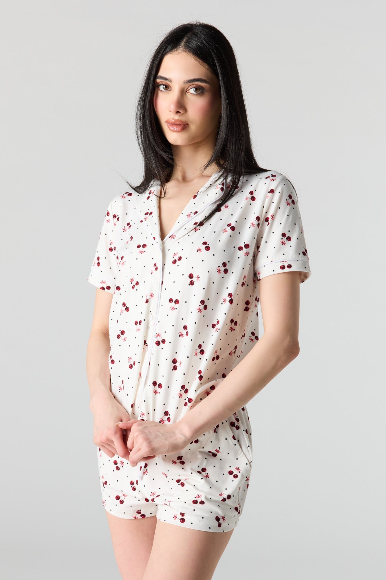 Button-Up Collared Top & Pajama Pant & Short Set (3 Pieces)