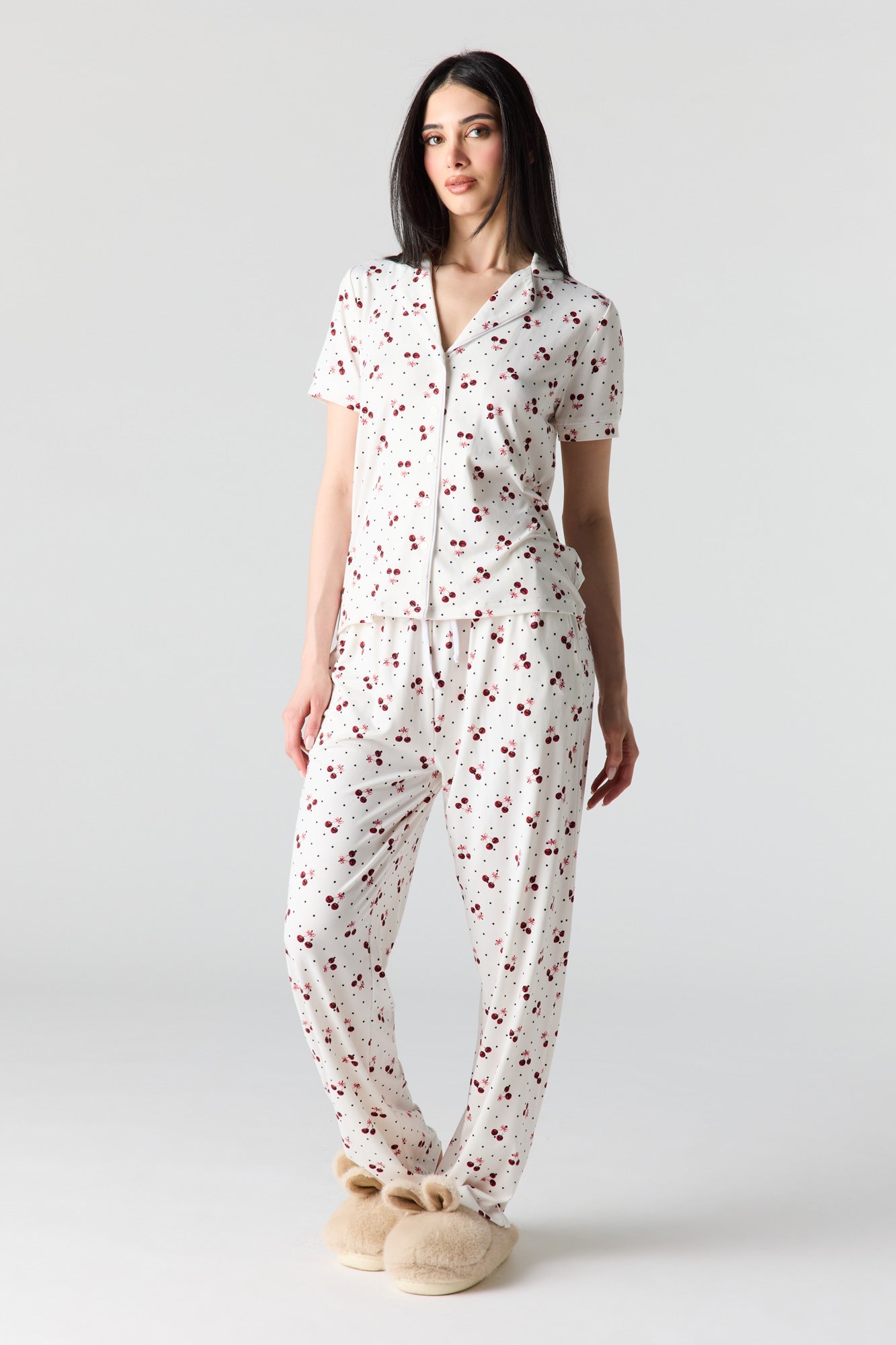 Button-Up Collared Top & Pajama Pant & Short Set (3 Pieces)