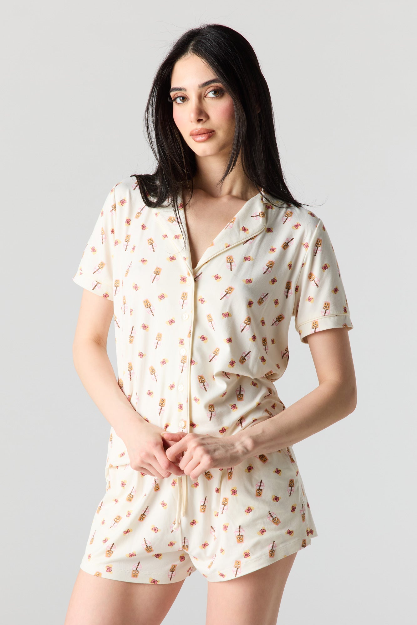 Button-Up Collared Top & Pajama Pant & Short Set (3 Pieces)