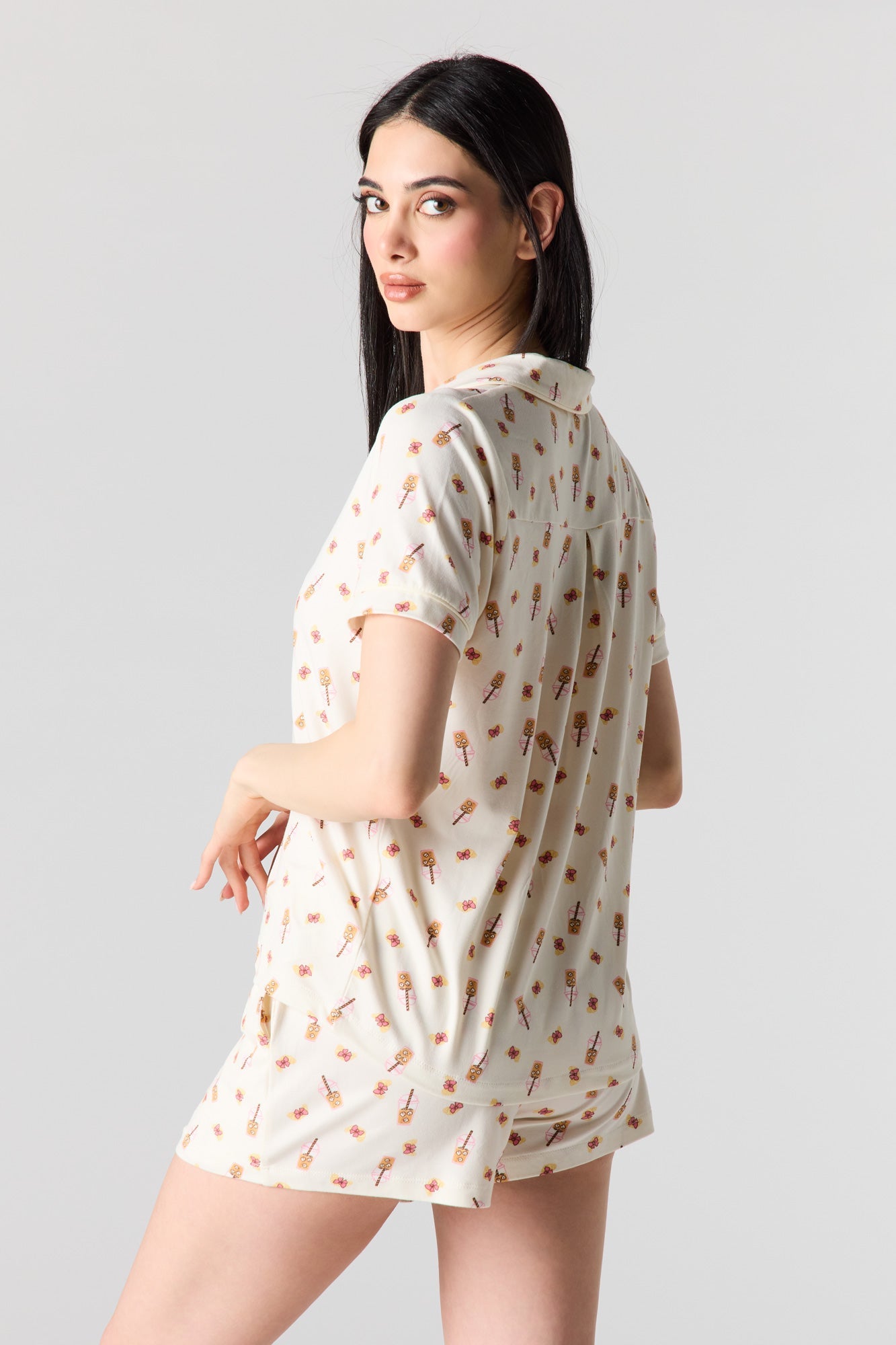 Button-Up Collared Top & Pajama Pant & Short Set (3 Pieces)