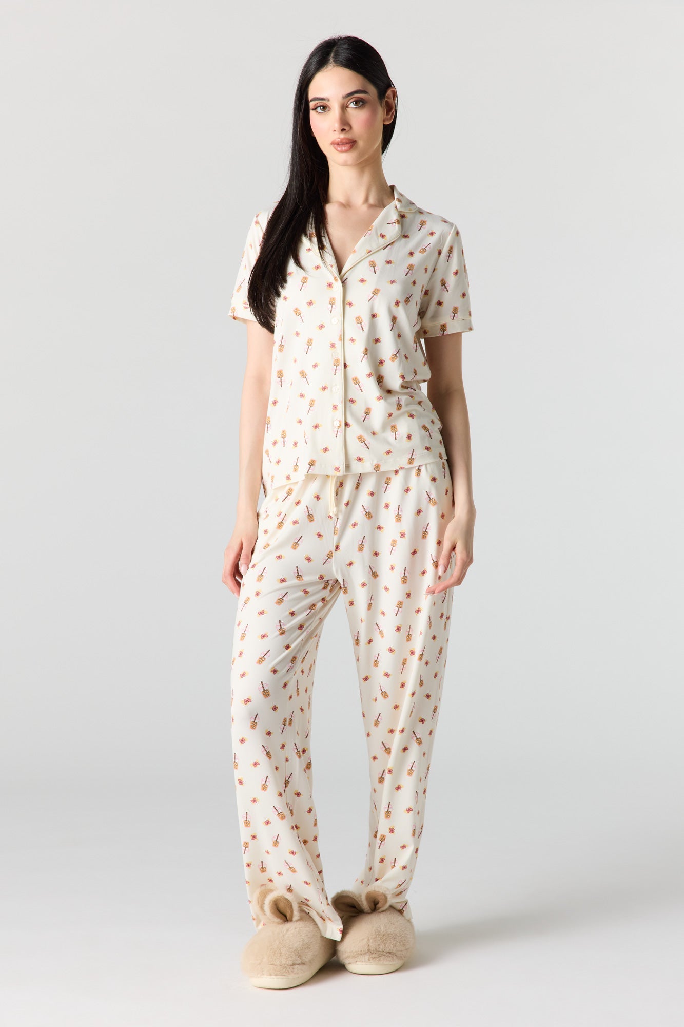Button-Up Collared Top & Pajama Pant & Short Set (3 Pieces)