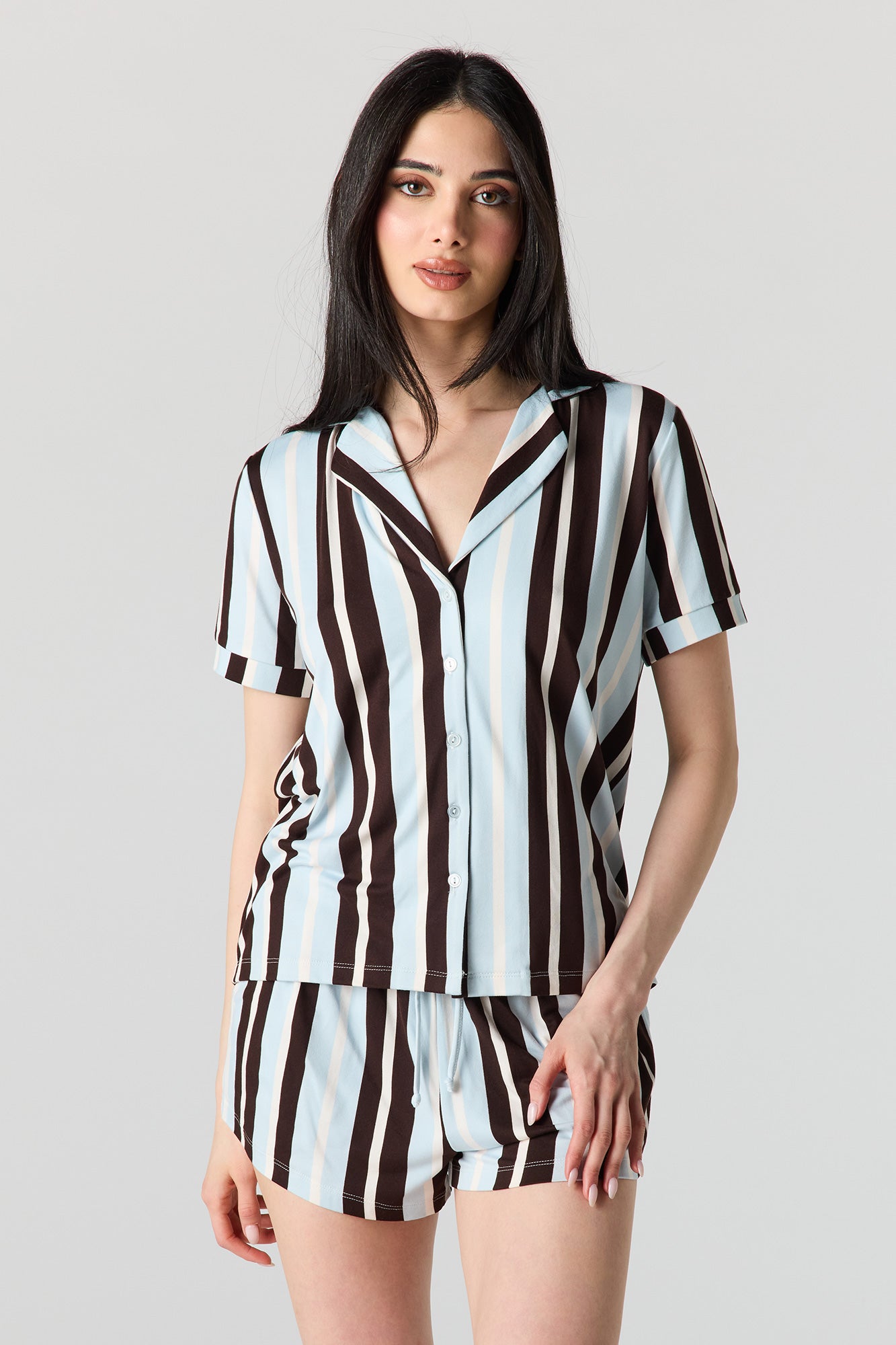 Button-Up Collared Top & Pajama Pant & Short Set (3 Pieces)