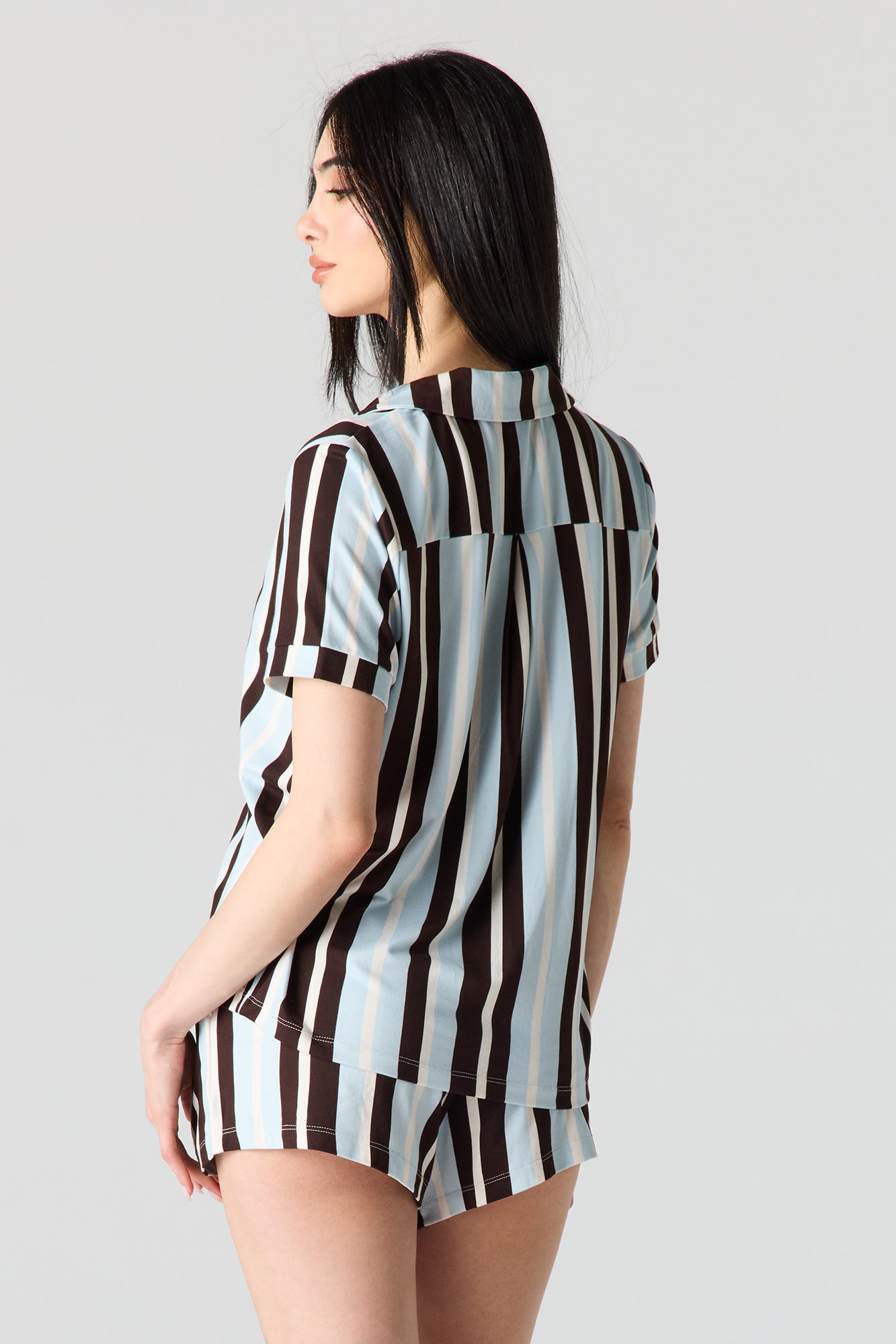 Button-Up Collared Top & Pajama Pant & Short Set (3 Pieces)