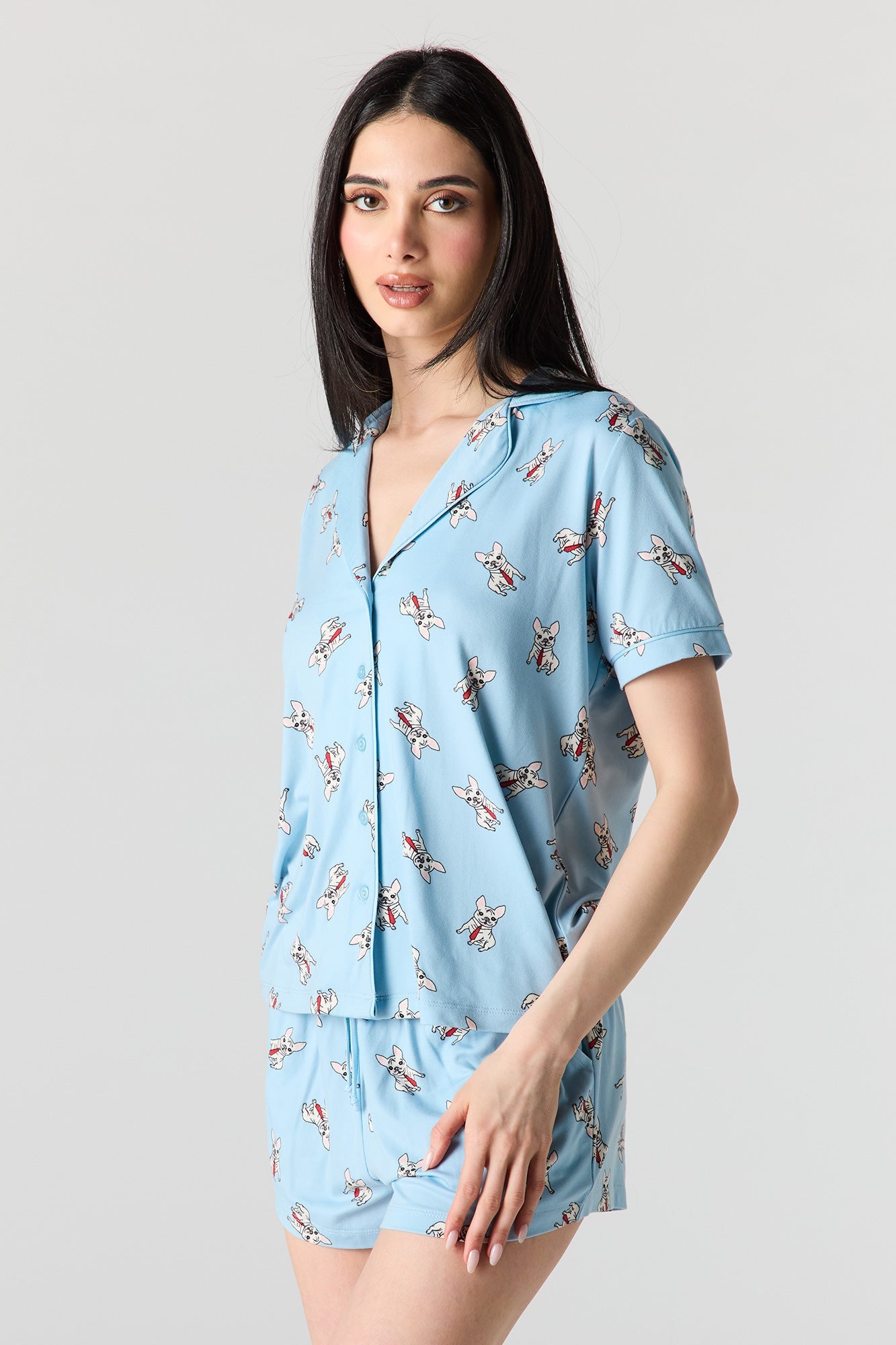 Button-Up Collared Top & Pajama Pant & Short Set (3 Pieces)