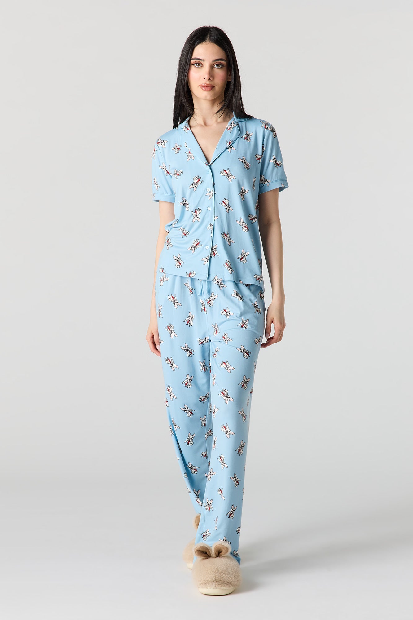 Button-Up Collared Top & Pajama Pant & Short Set (3 Pieces)