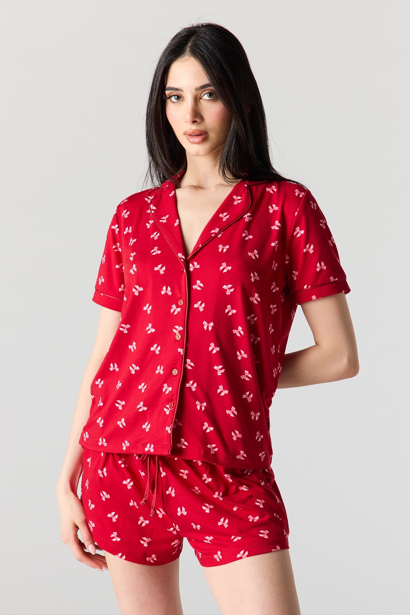 Button-Up Collared Top & Pajama Pant & Short Set (3 Pieces)