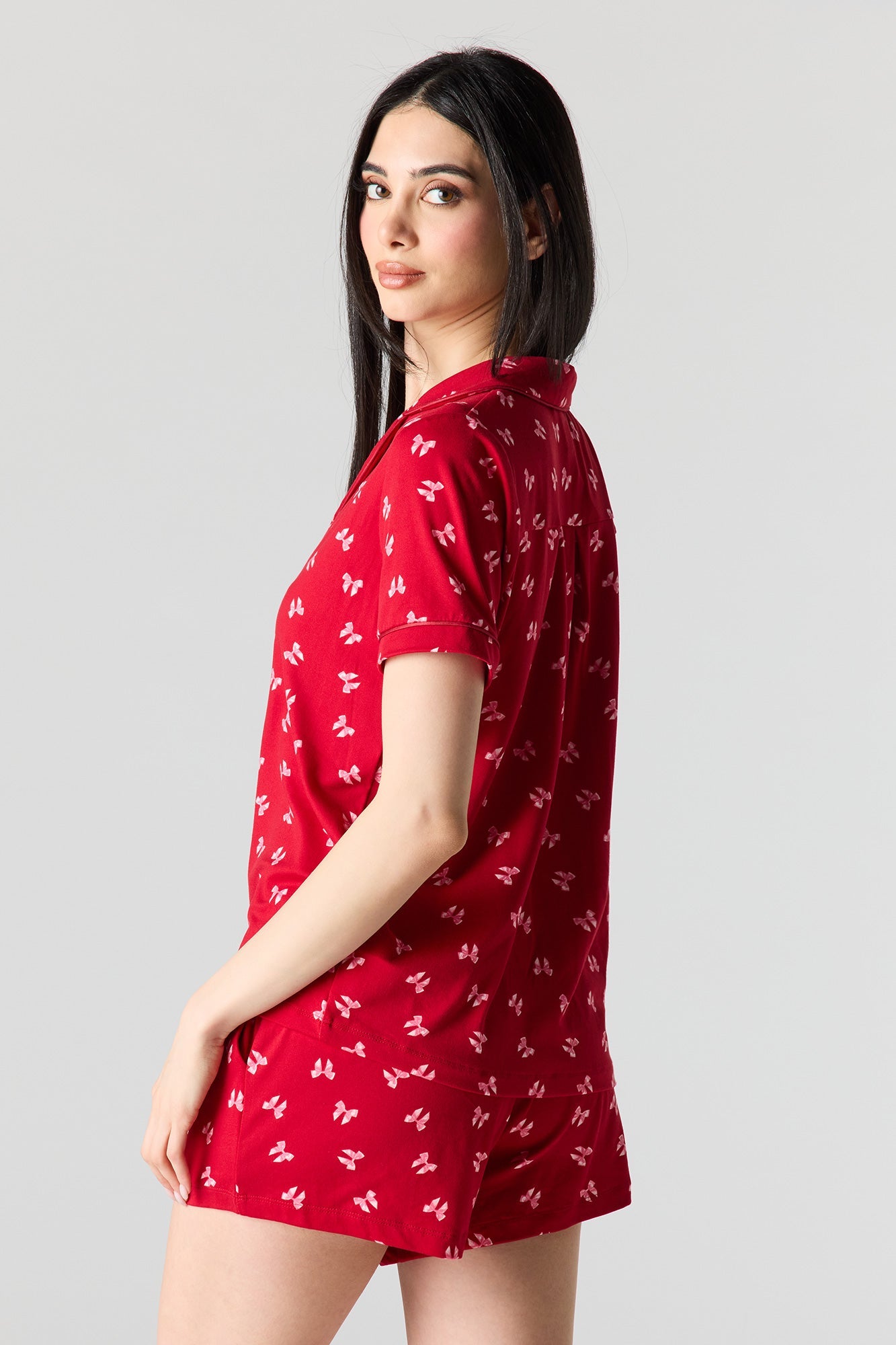 Button-Up Collared Top & Pajama Pant & Short Set (3 Pieces)