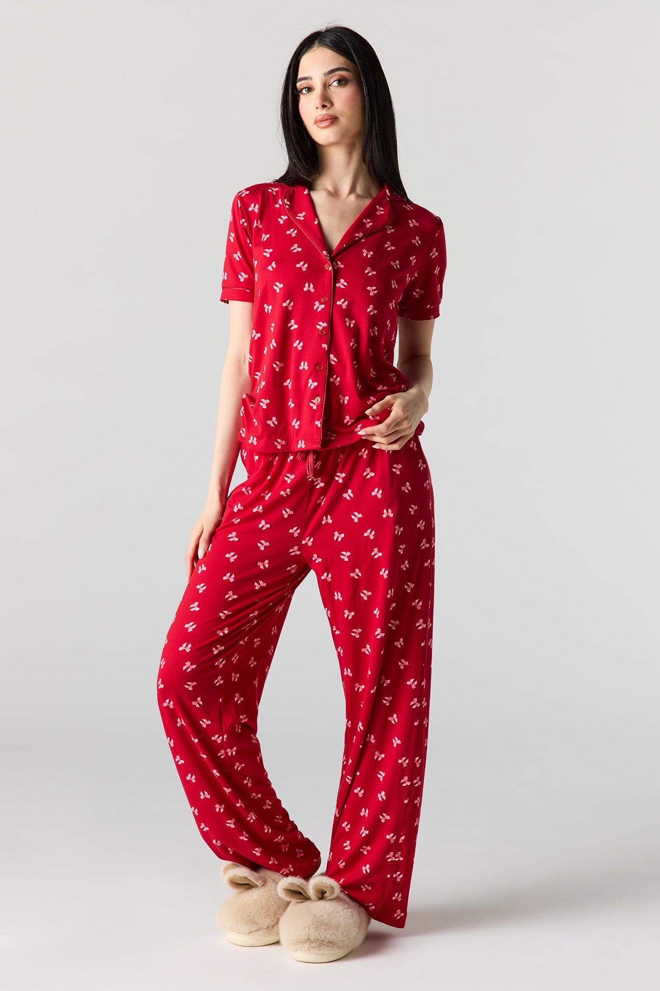 Button-Up Collared Top & Pajama Pant & Short Set (3 Pieces)