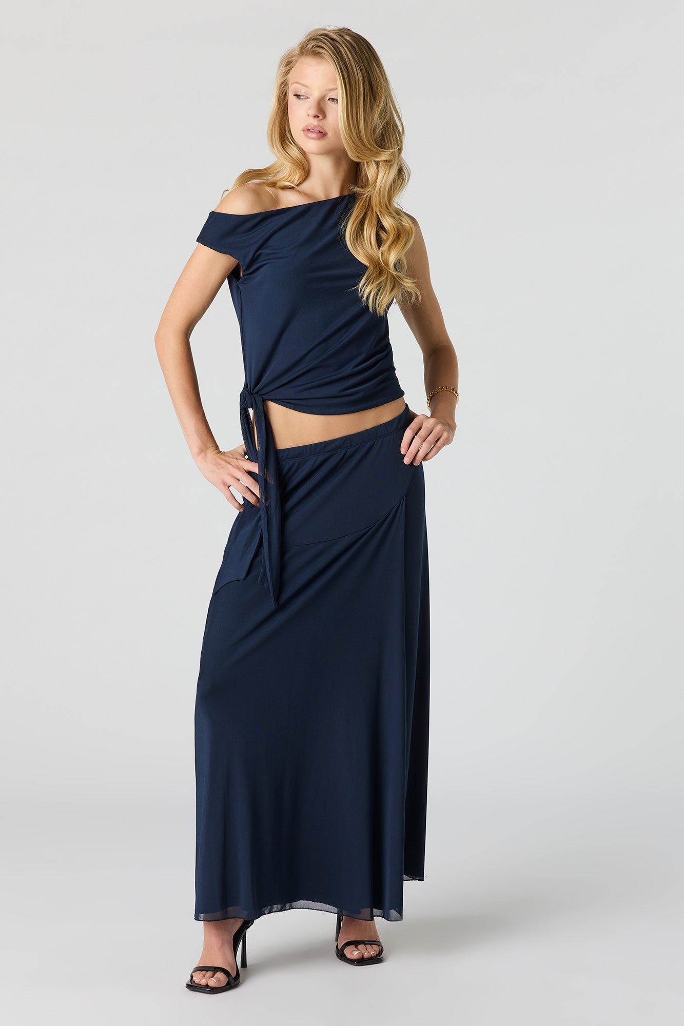 Mesh Side Tie Off Shoulder Top