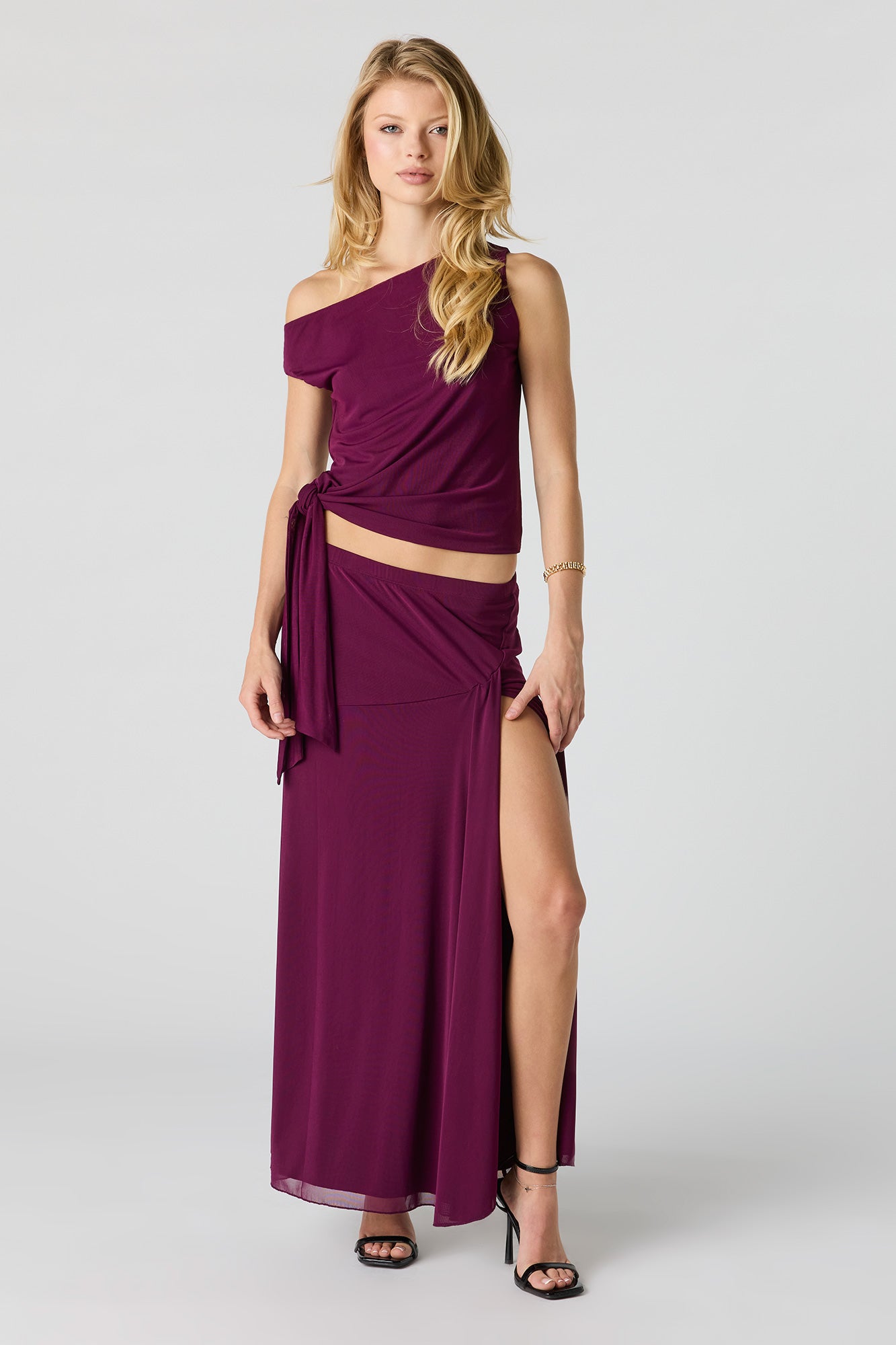 Mesh Side Tie Off Shoulder Top