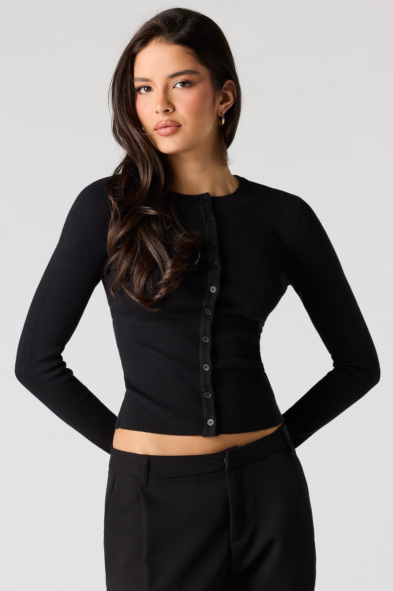 Ribbed Button-Up Fitted Sweater