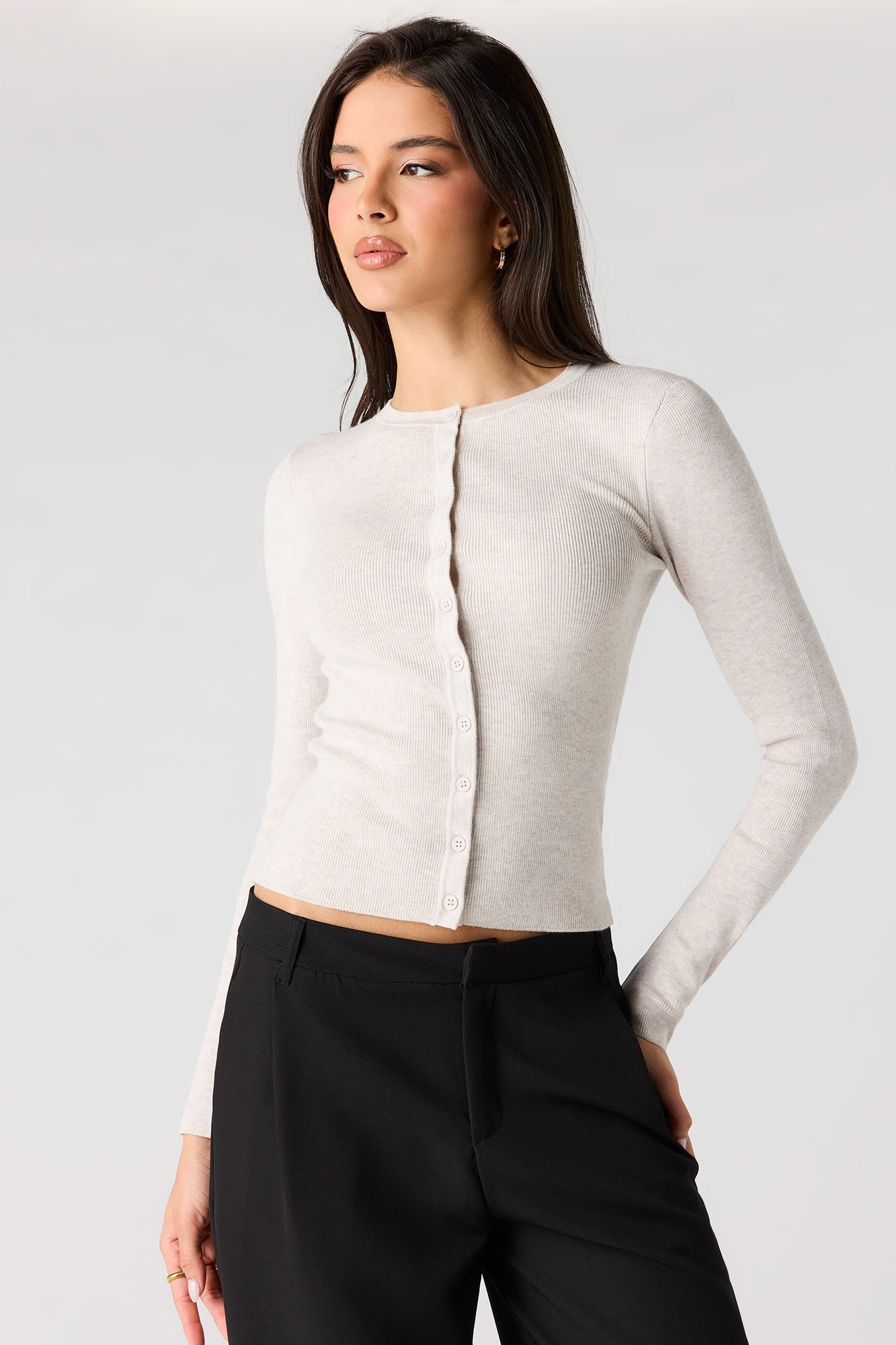 Ribbed Button-Up Fitted Sweater