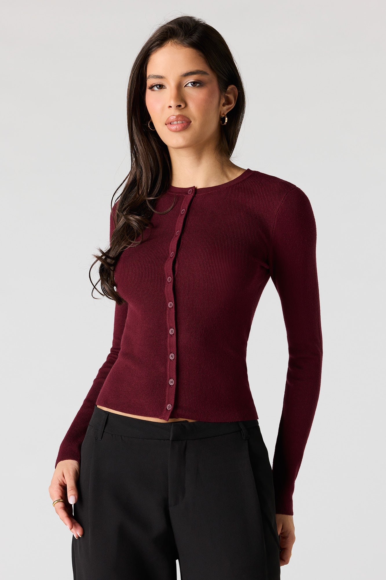 Ribbed Button-Up Fitted Sweater