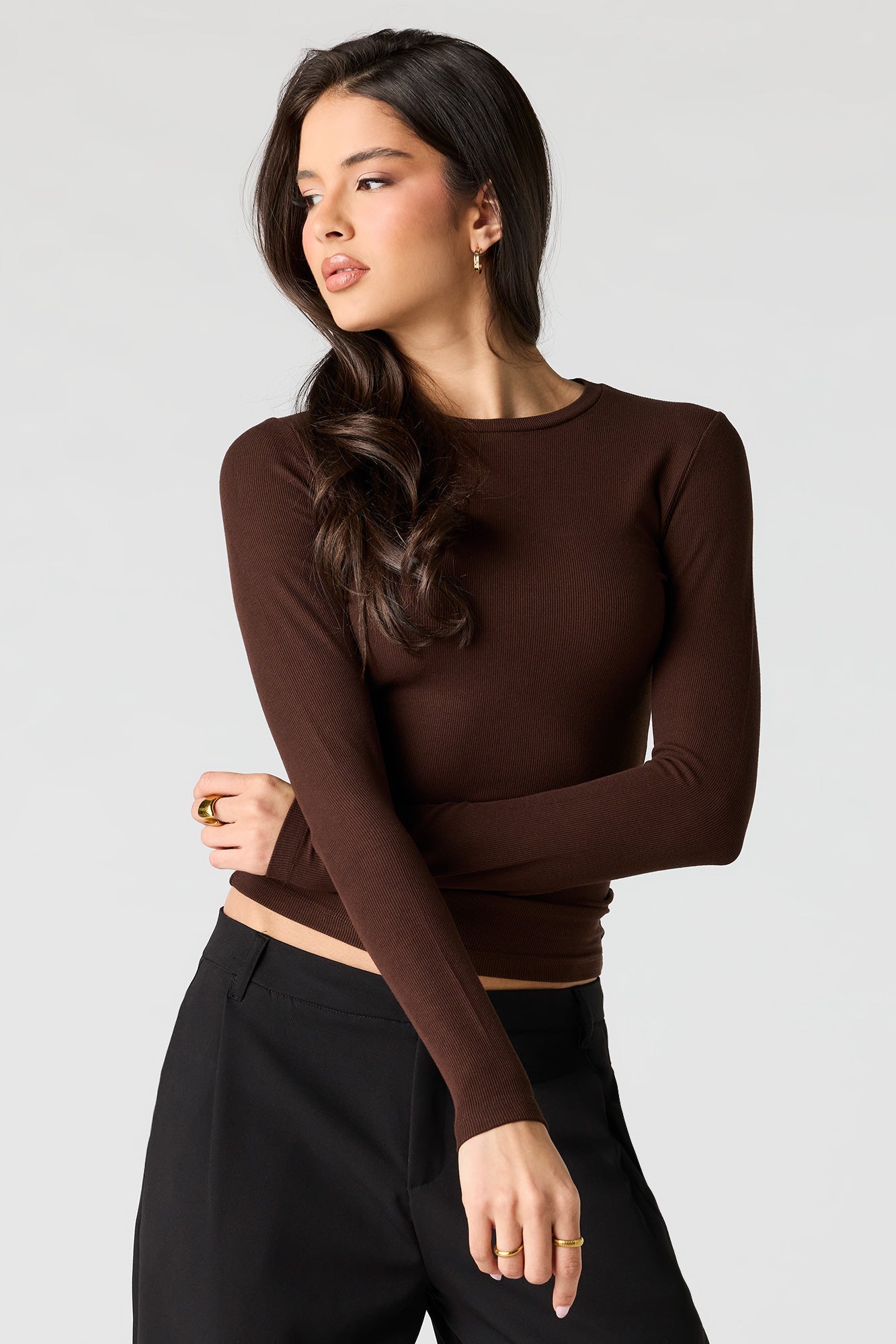 Ribbed Crewneck Long Sleeve Top