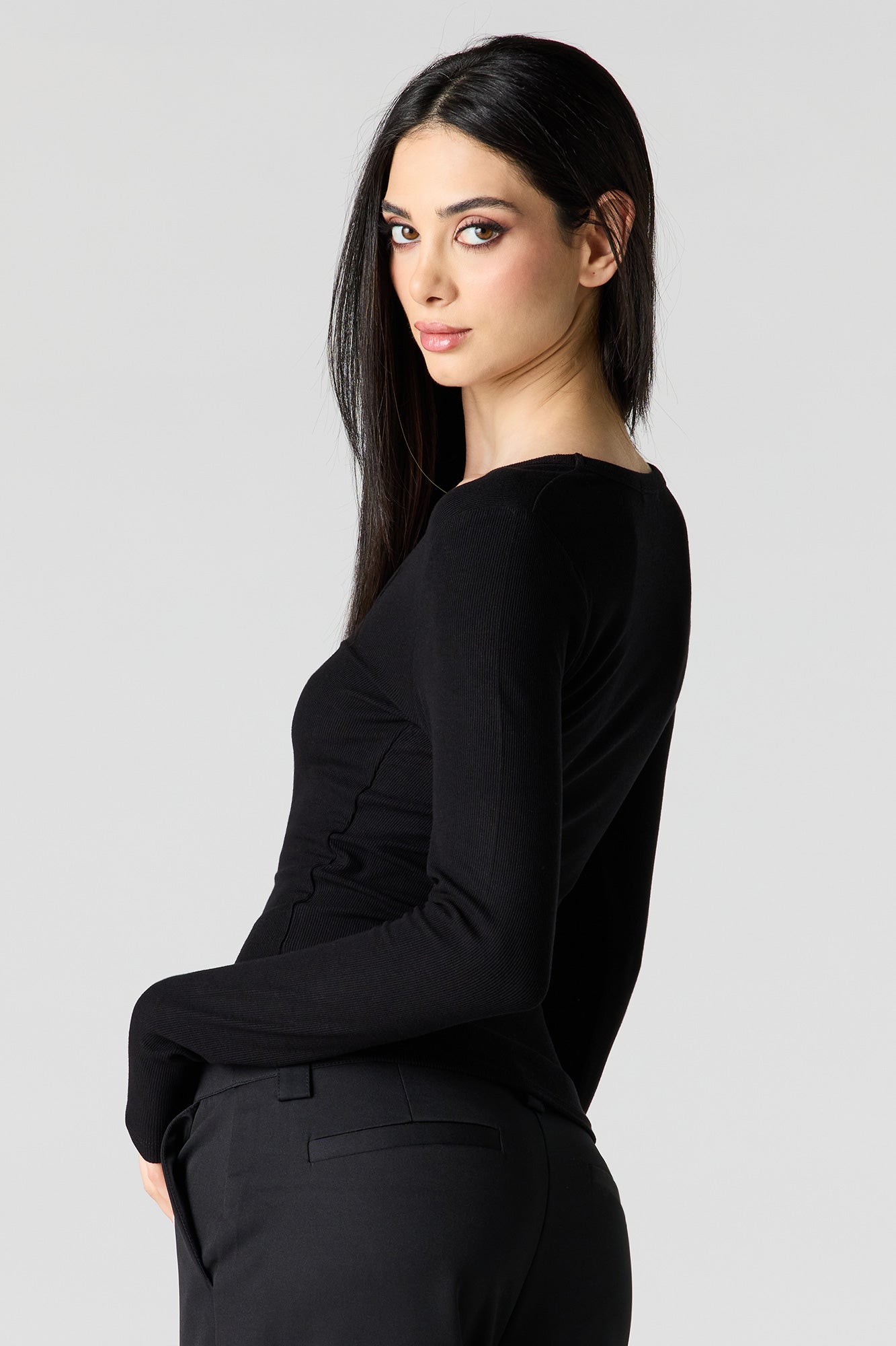 Ribbed Scoop Neck Long Sleeve Top