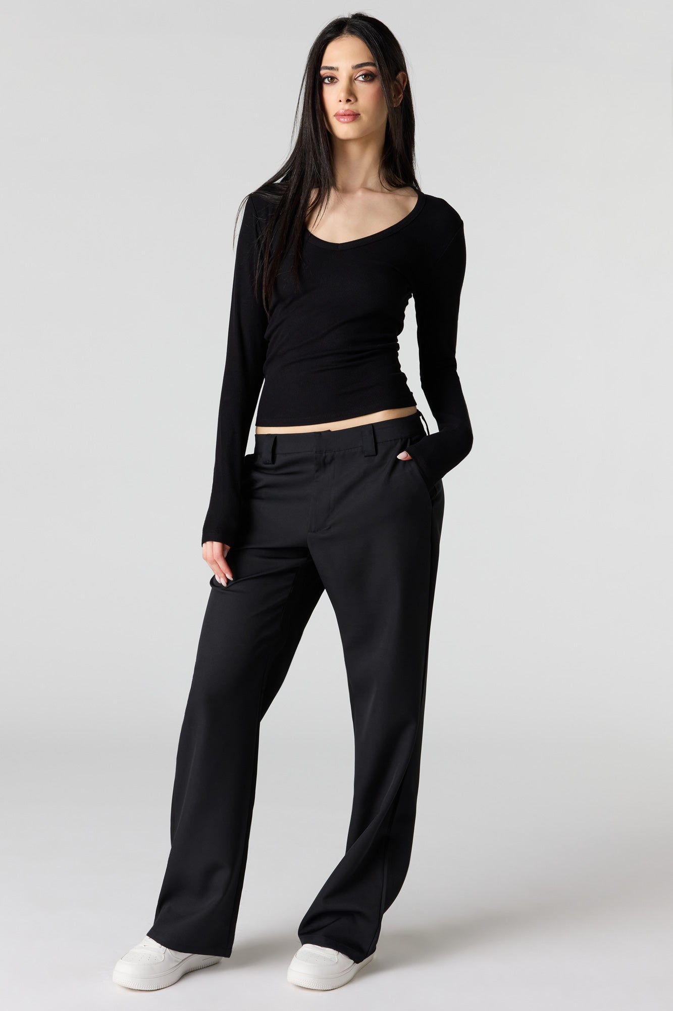 Ribbed Scoop Neck Long Sleeve Top
