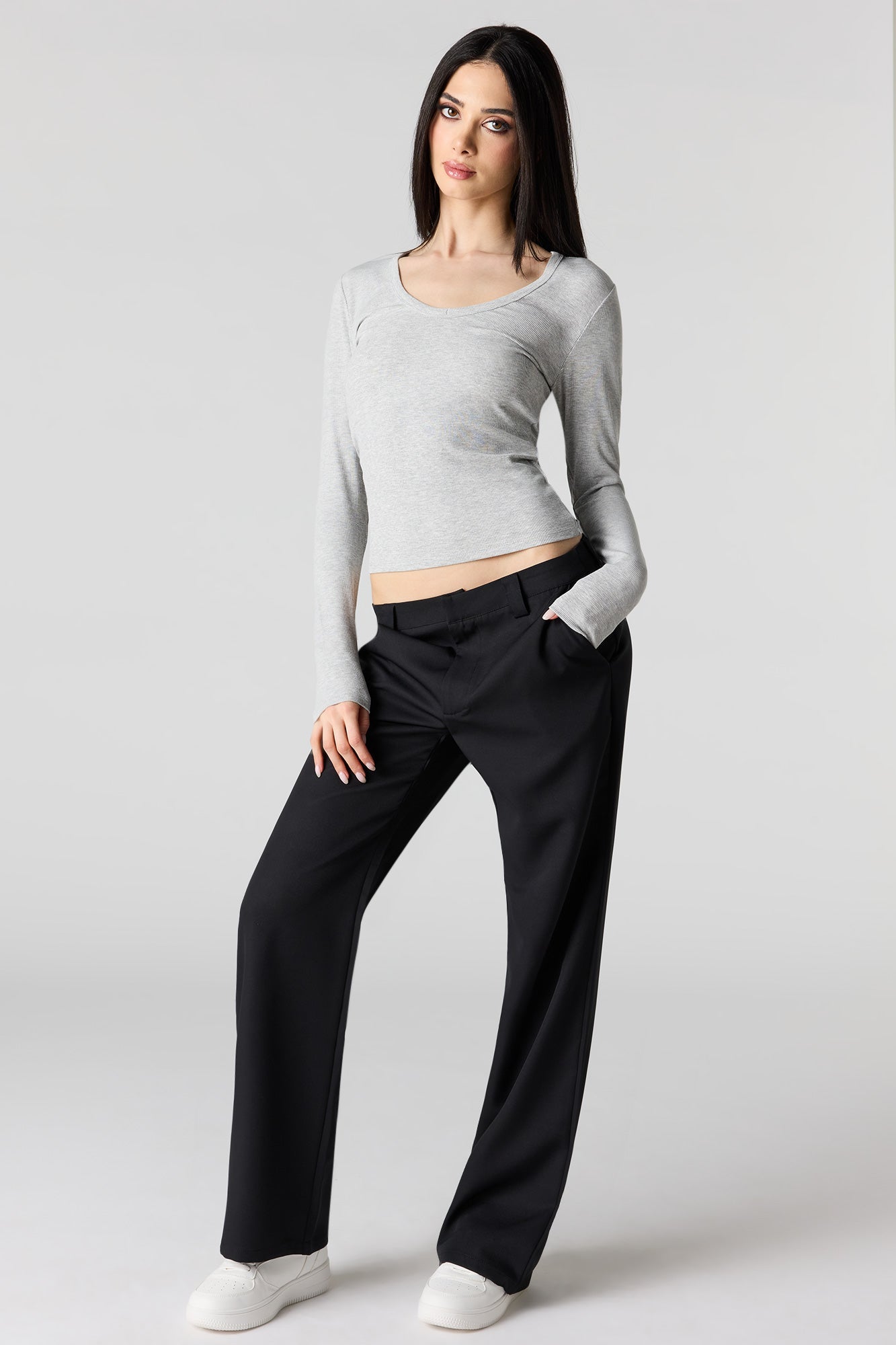 Ribbed Scoop Neck Long Sleeve Top