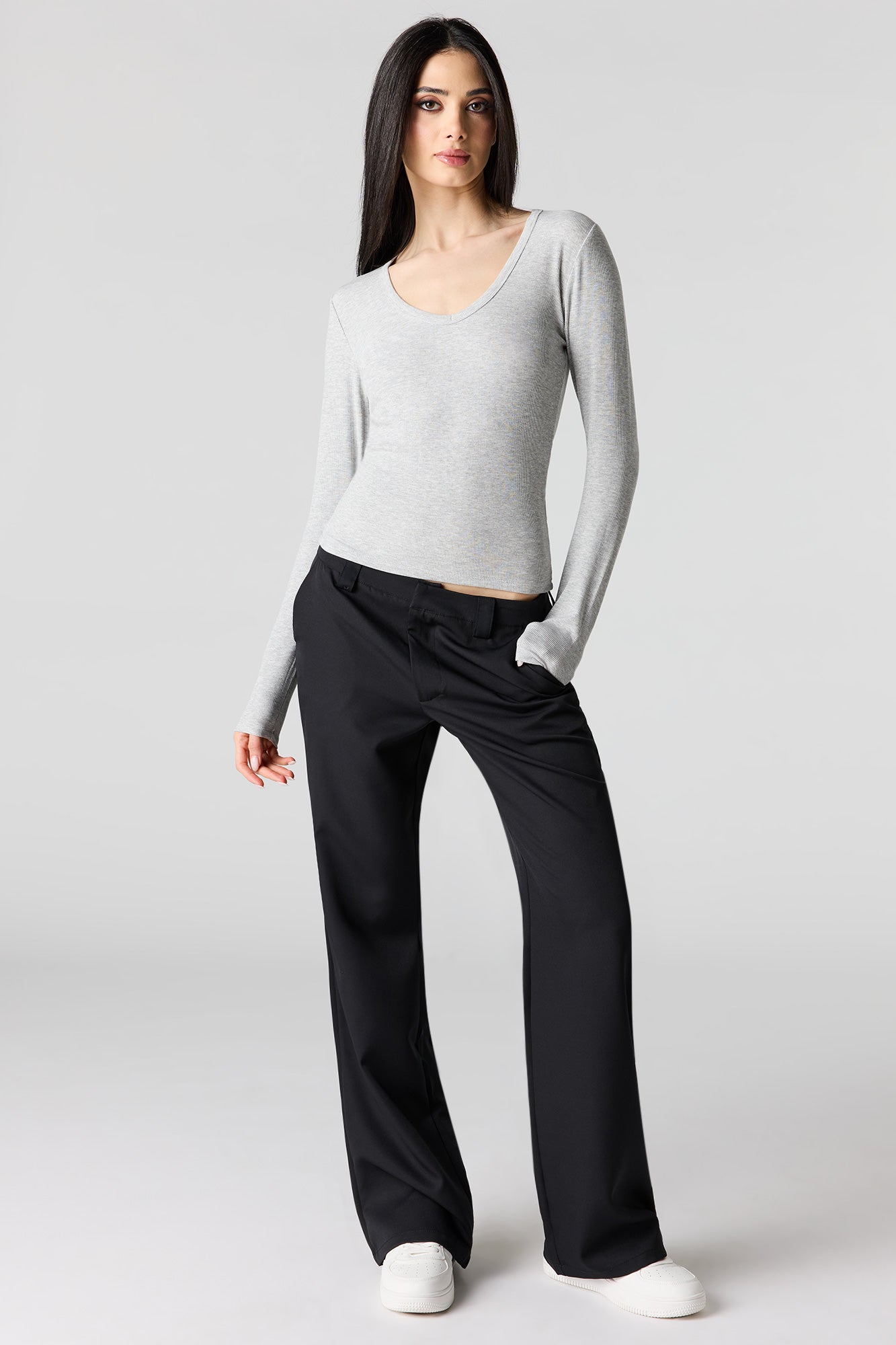 Ribbed Scoop Neck Long Sleeve Top