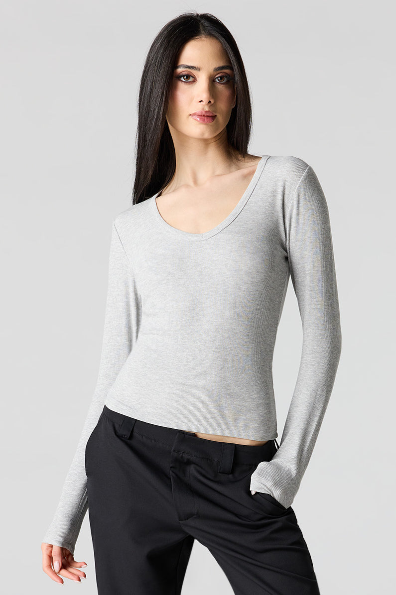 Ribbed Scoop Neck Long Sleeve Top