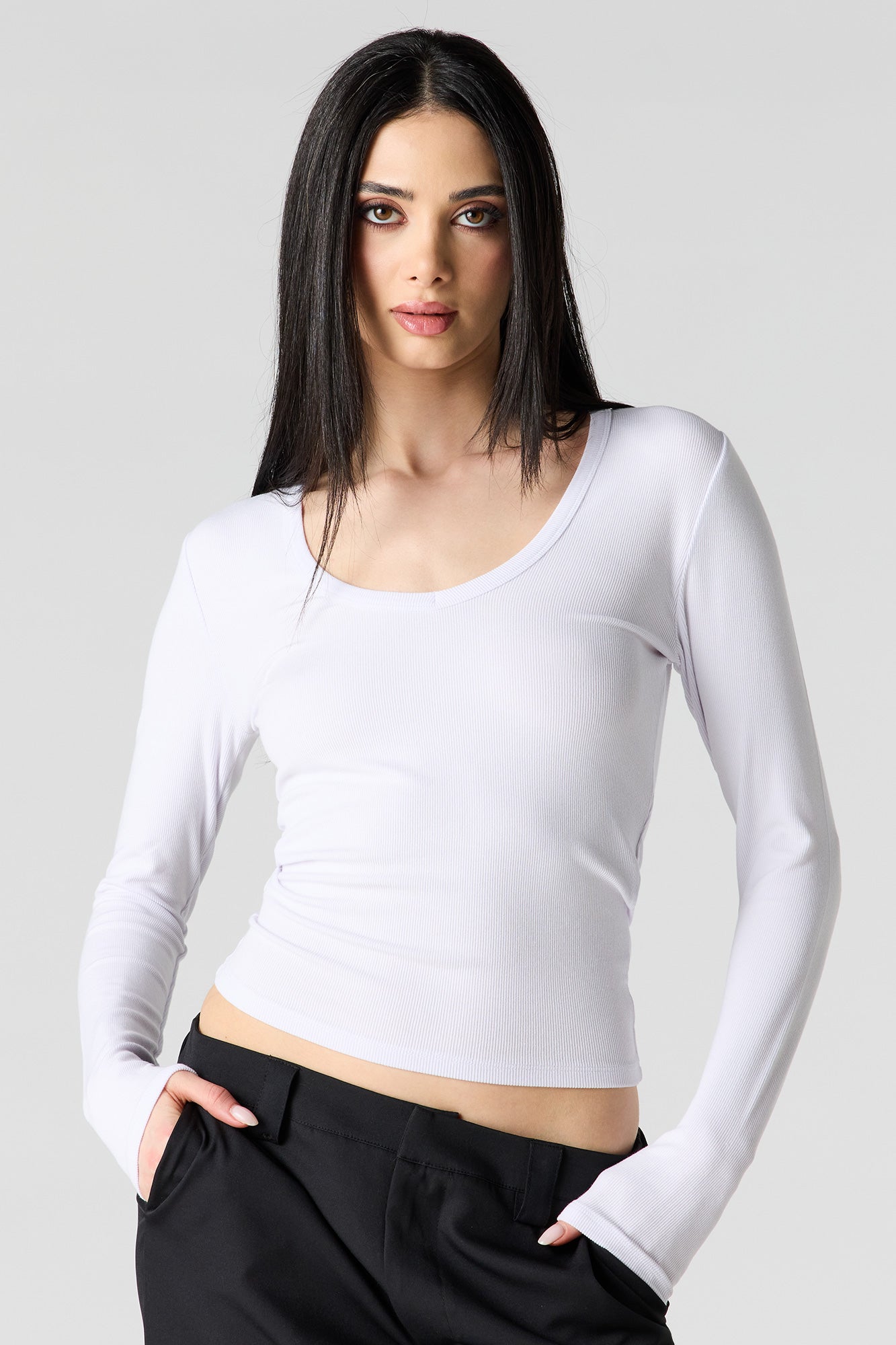 Ribbed Scoop Neck Long Sleeve Top