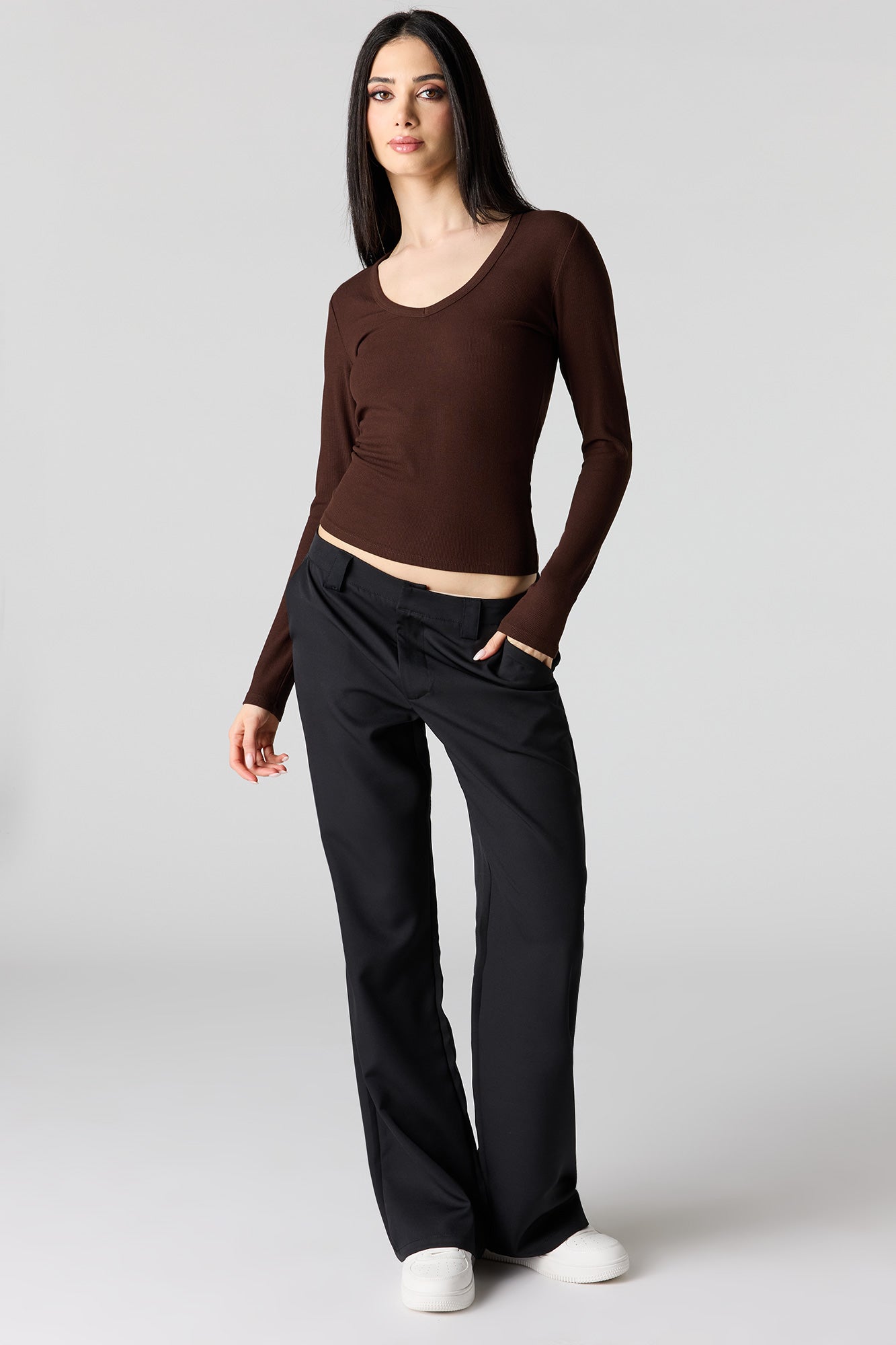 Ribbed Scoop Neck Long Sleeve Top