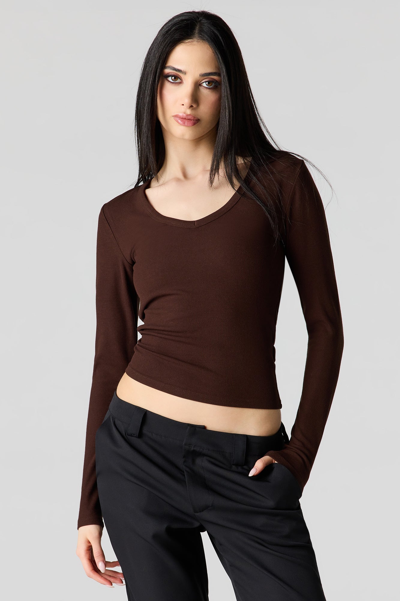 Ribbed Scoop Neck Long Sleeve Top